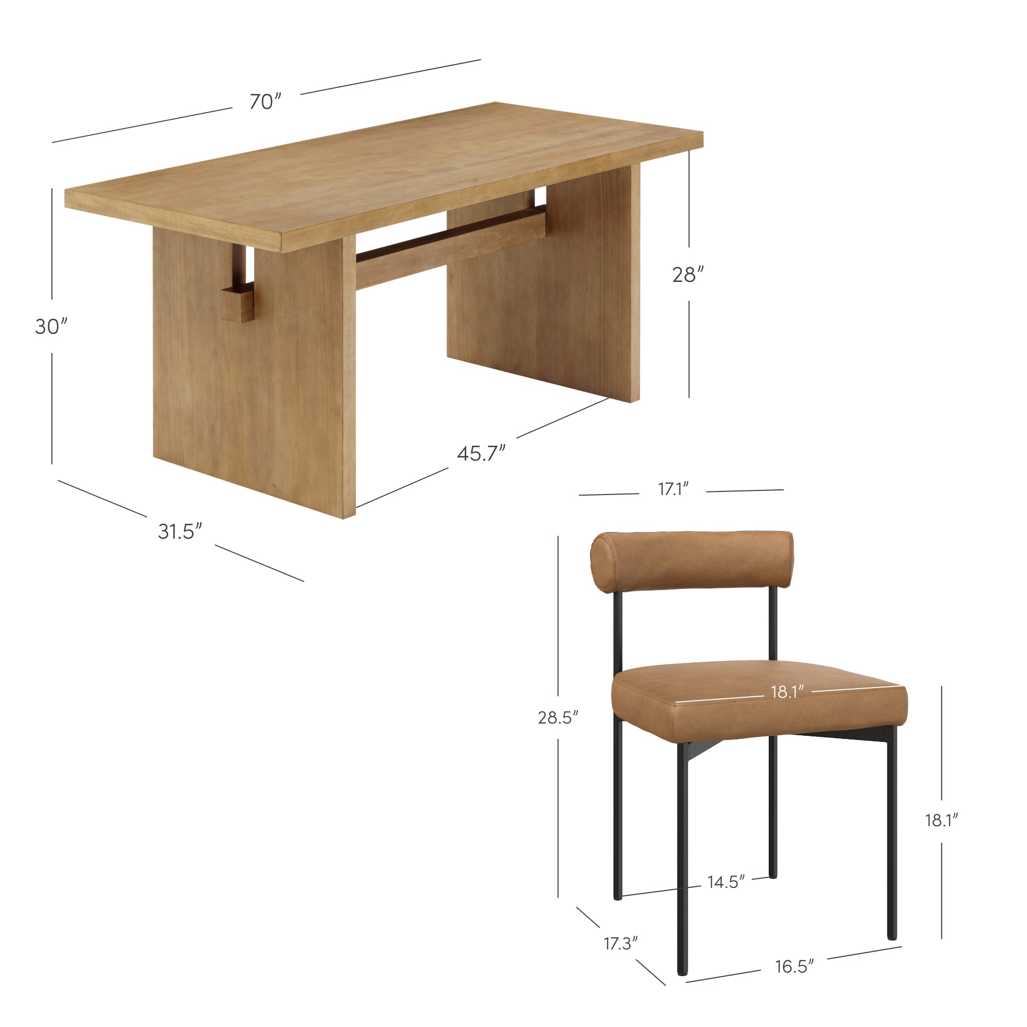 A wooden rectangular table with dimensions 70 W x 31.5 D x 30 H, and a brown padded chair with black legs, measuring 17.1 W x 17.3 D x 28.5 H. Additional chair seat dimensions are labeled.