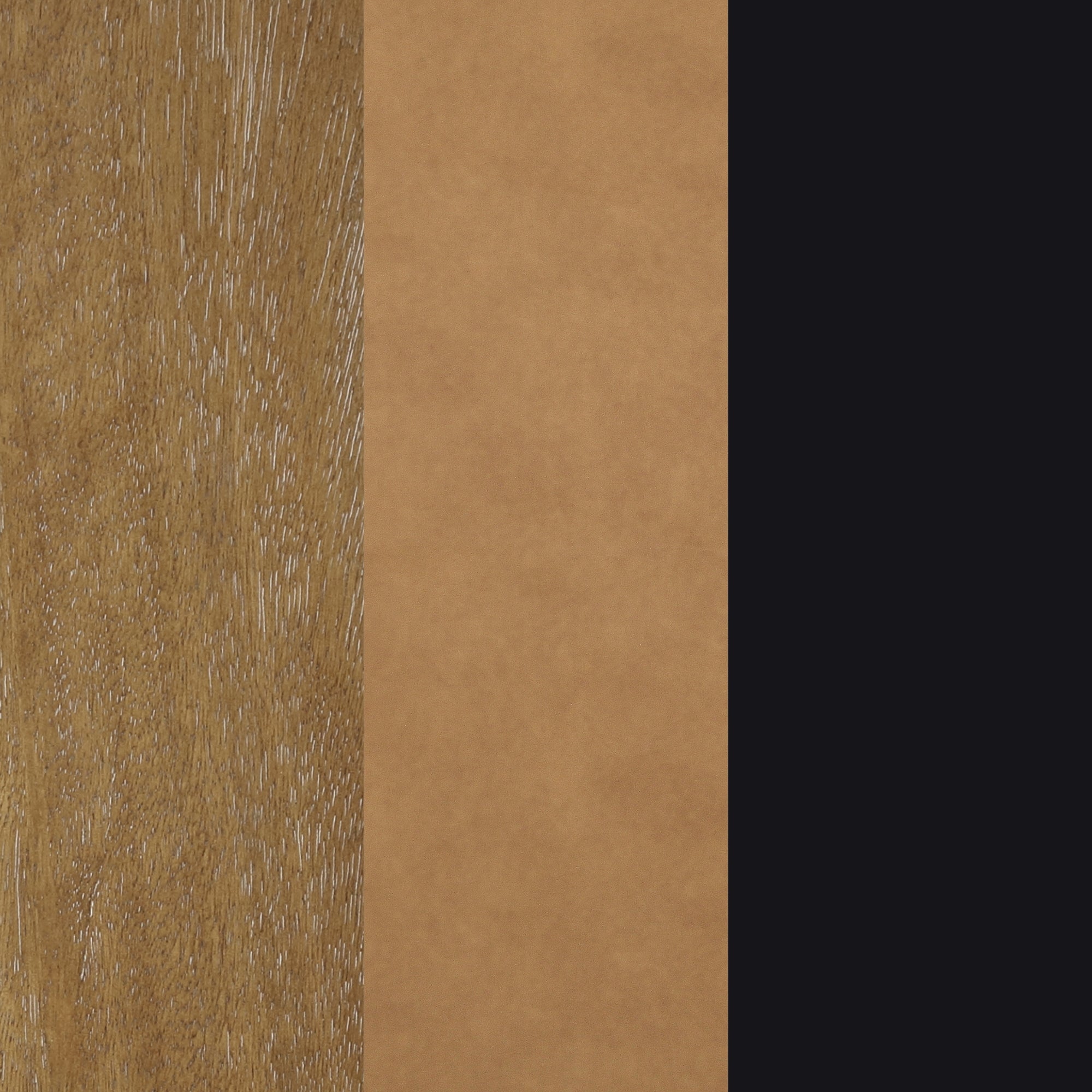 Three vertical panels: the left panel has a textured, light brown wood grain; the middle panel is smooth, solid tan; the right panel is a solid, very dark brown or black color.
