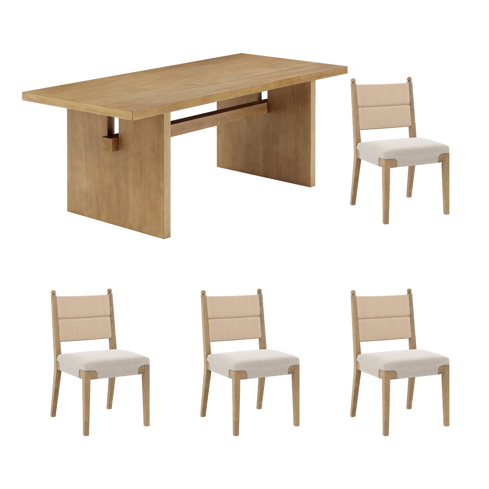 A light wood rectangular dining table with four matching chairs featuring beige upholstered seats and backs, arranged on a white background.