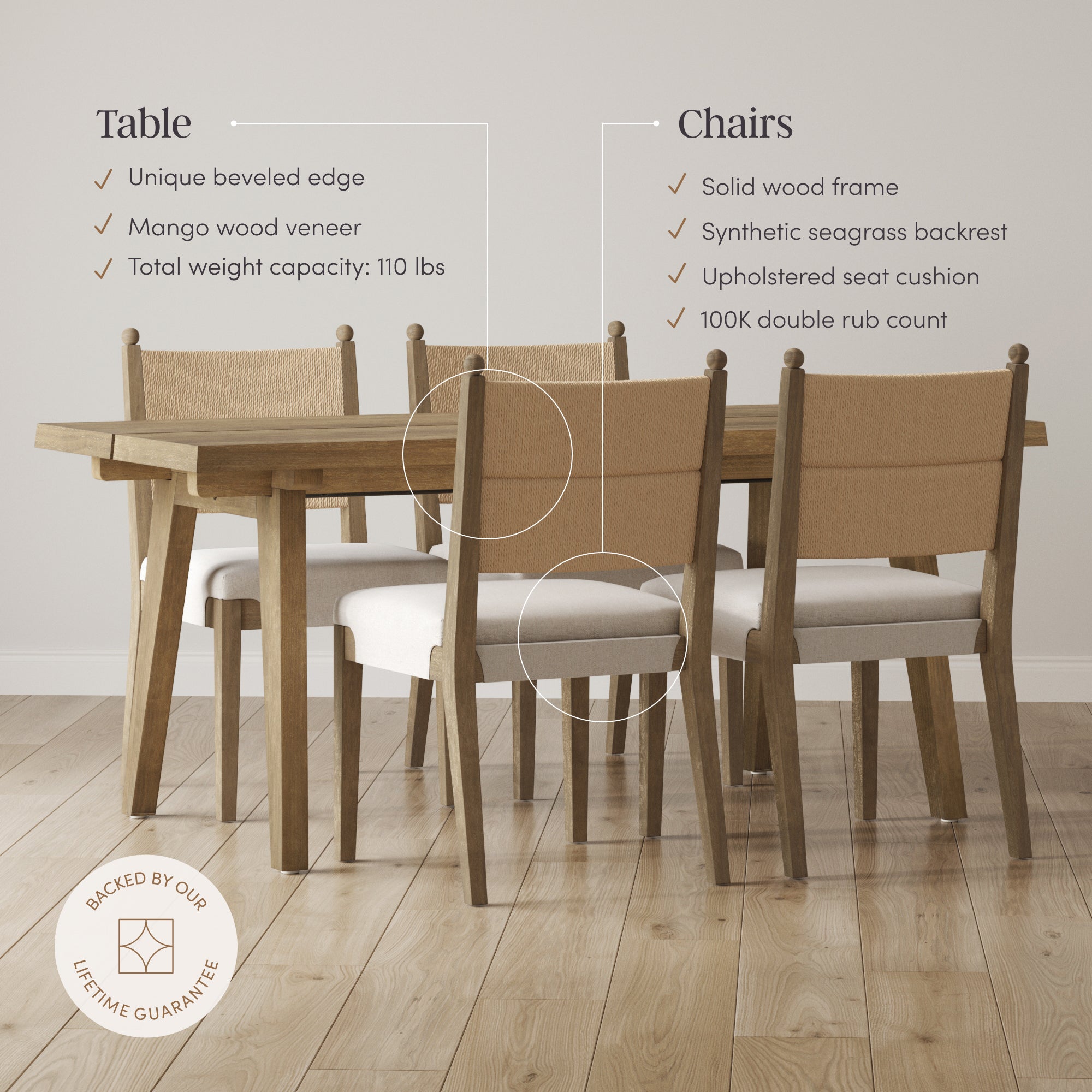 Boho Seagrass Dining Table Set (4 Chairs) - Nathan James