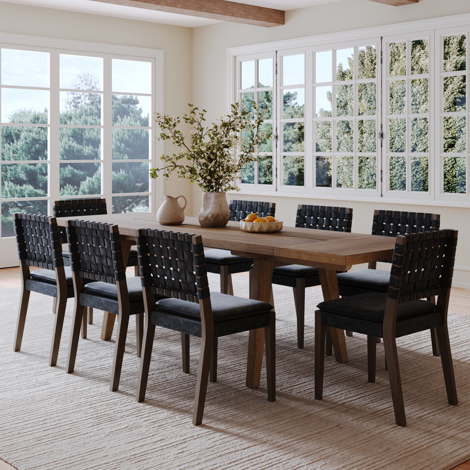 Extendable Woven Faux Leather Dining Set Black (8 Chairs) - Nathan James