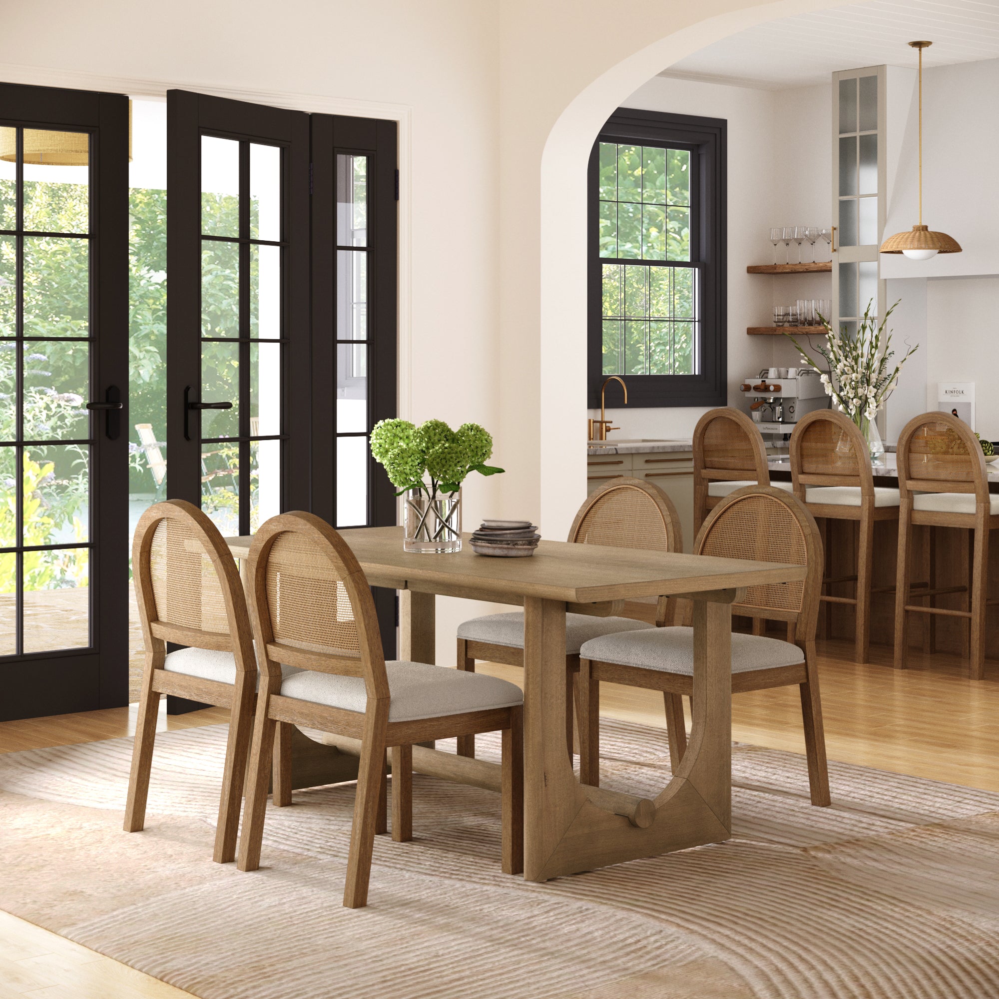 Mid - Century Rattan Boucle Dining Table Set (4 Chairs) - Nathan James