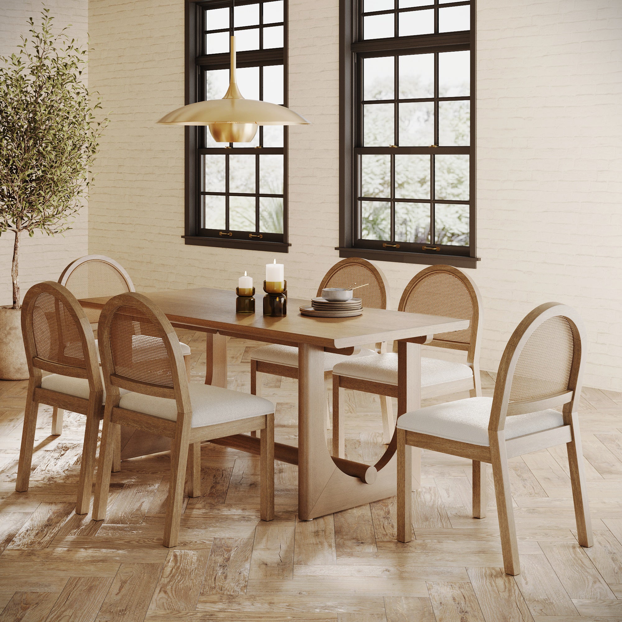 Mid - Century Rattan Boucle Dining Table Set (6 Chairs) - Nathan James
