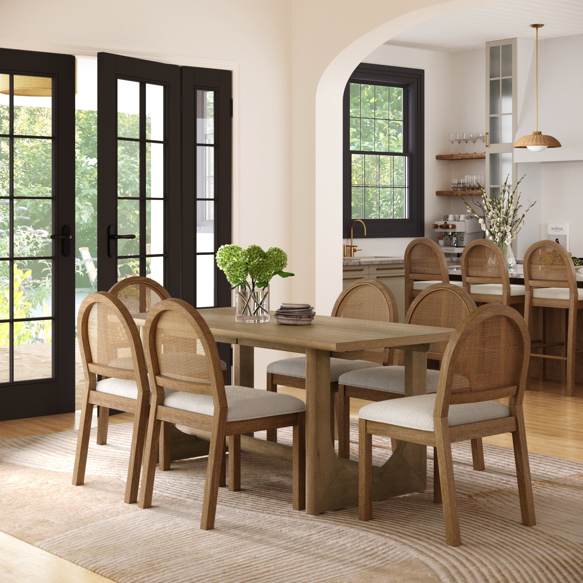 Mid - Century Rattan Boucle Dining Table Set (6 Chairs) - Nathan James