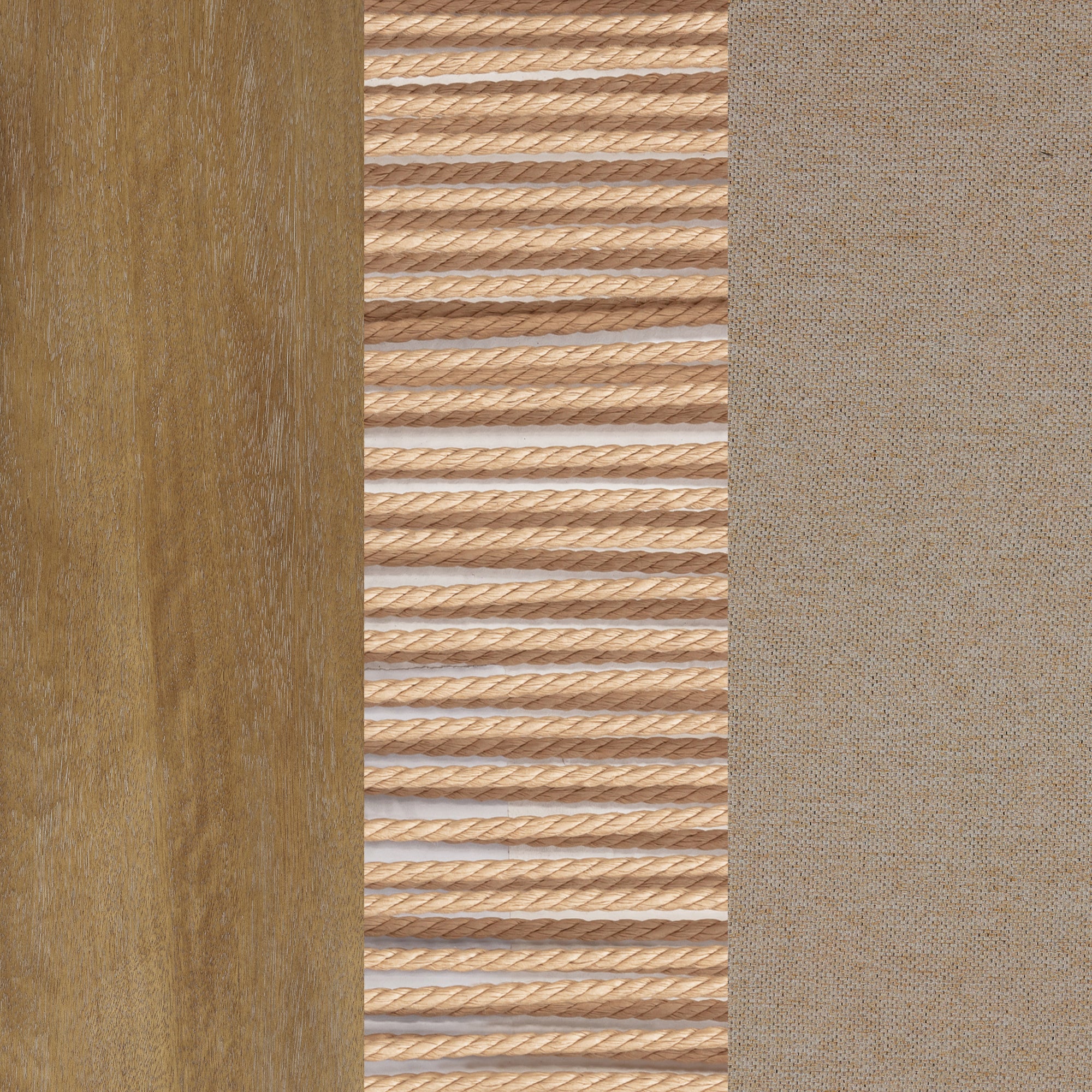 A vertical panel featuring three sections: wood grain on the left, a middle strip of parallel light wooden rods, and textured beige fabric on the right.