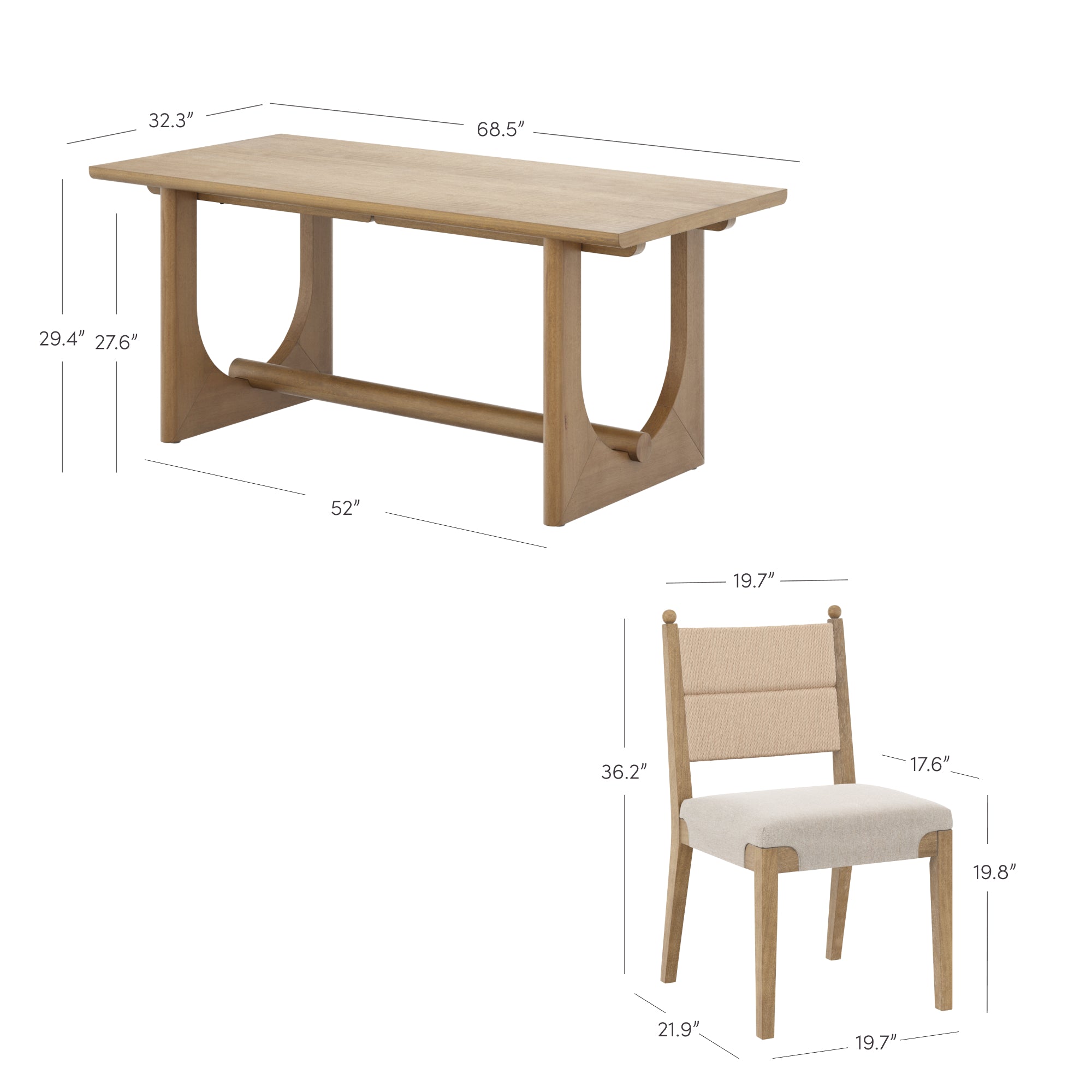 A wooden dining table with dimensions 68.5W x 32.3D x 29.4H and a matching upholstered chair with dimensions 19.7W x 21.9D x 36.2H, shown with labeled measurements.