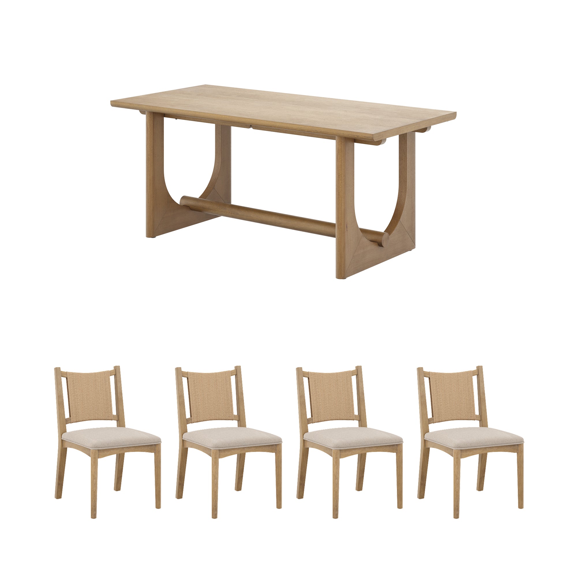 A wooden dining table with a rectangular top and four matching wooden chairs with light-colored cushioned seats, all shown on a white background.