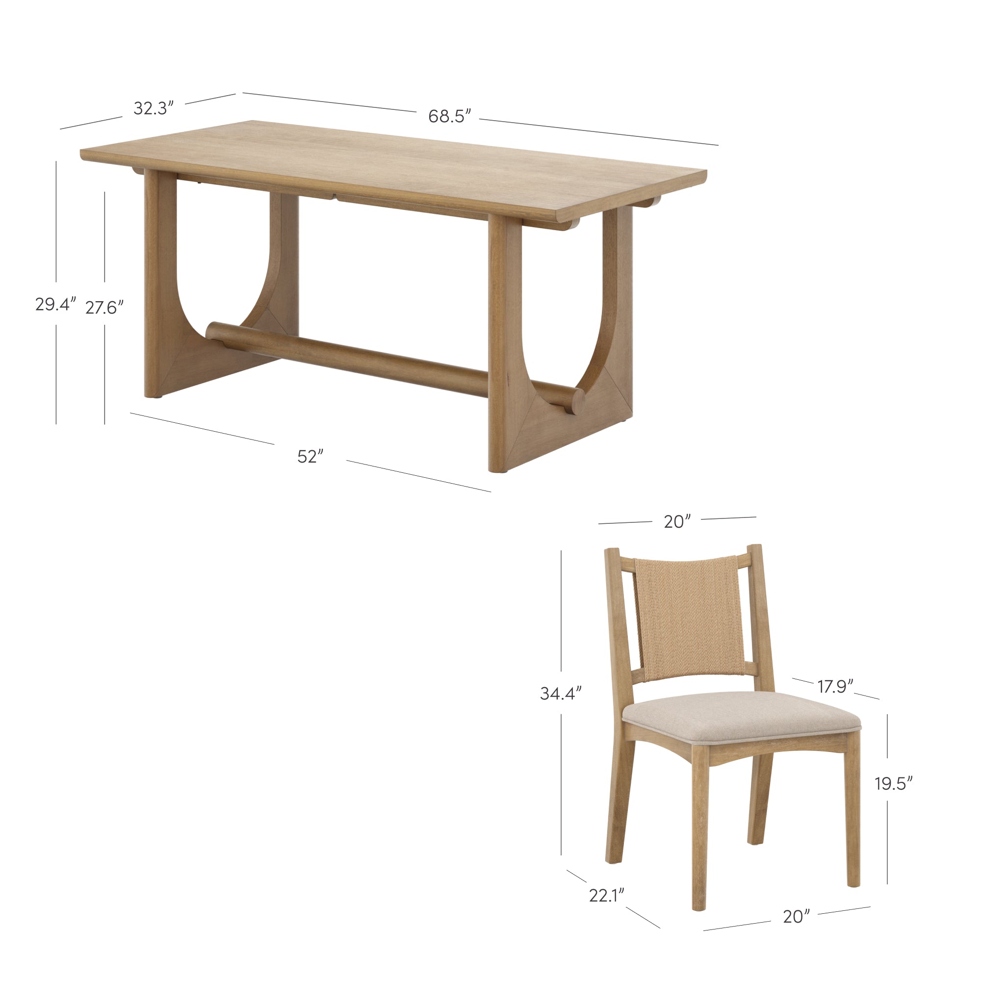 A wooden dining table and chair with dimensions labeled. Table: 68.5 length, 32.3 width, 29.4 and 27.6 height, 52 base length. Chair: 20 wide, 22.1 deep, 34.4 high, seat height 19.5, seat depth 17.9.