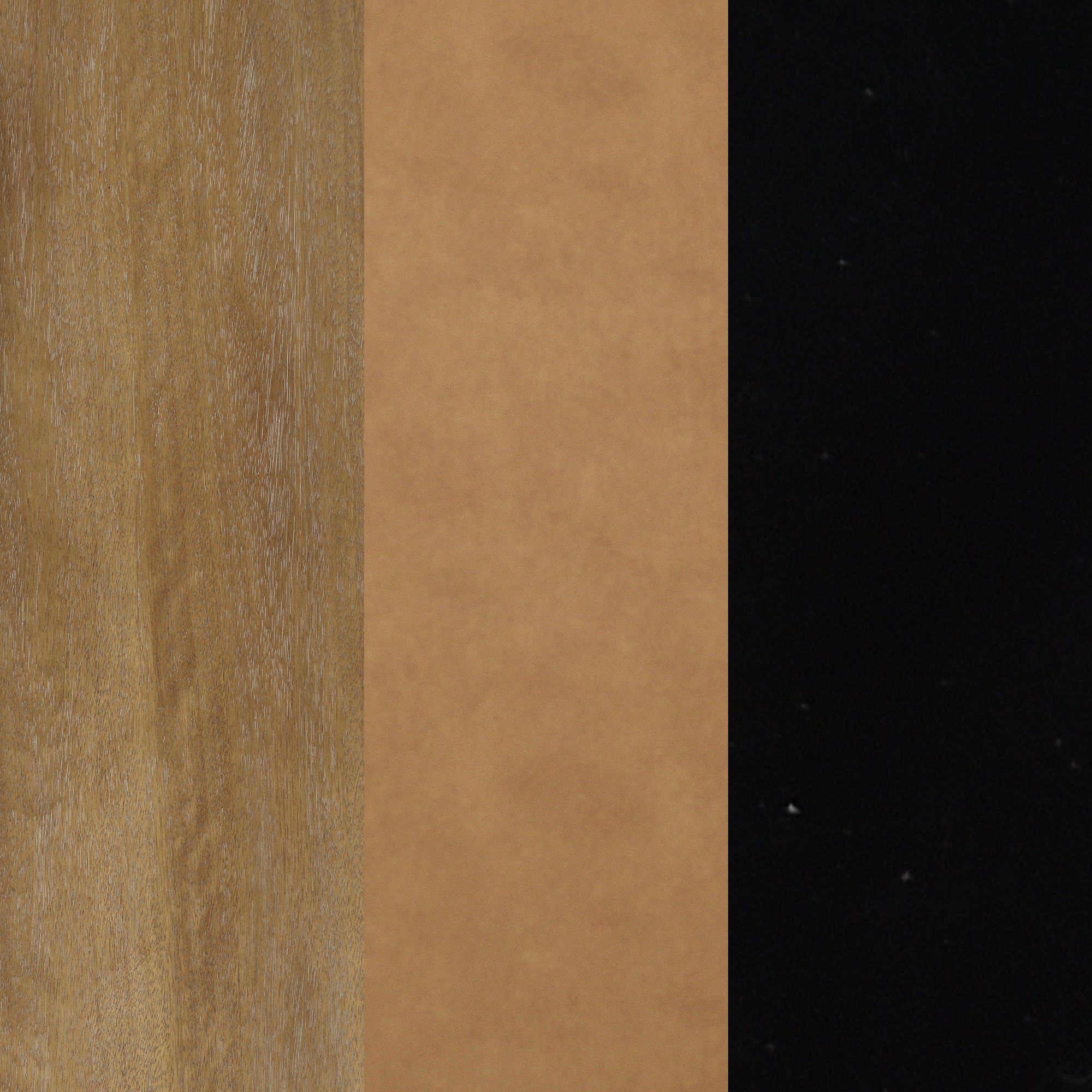 Three vertical panels: the left shows a light wood texture, the middle is a smooth tan surface, and the right features a solid black background with a few tiny white specks.