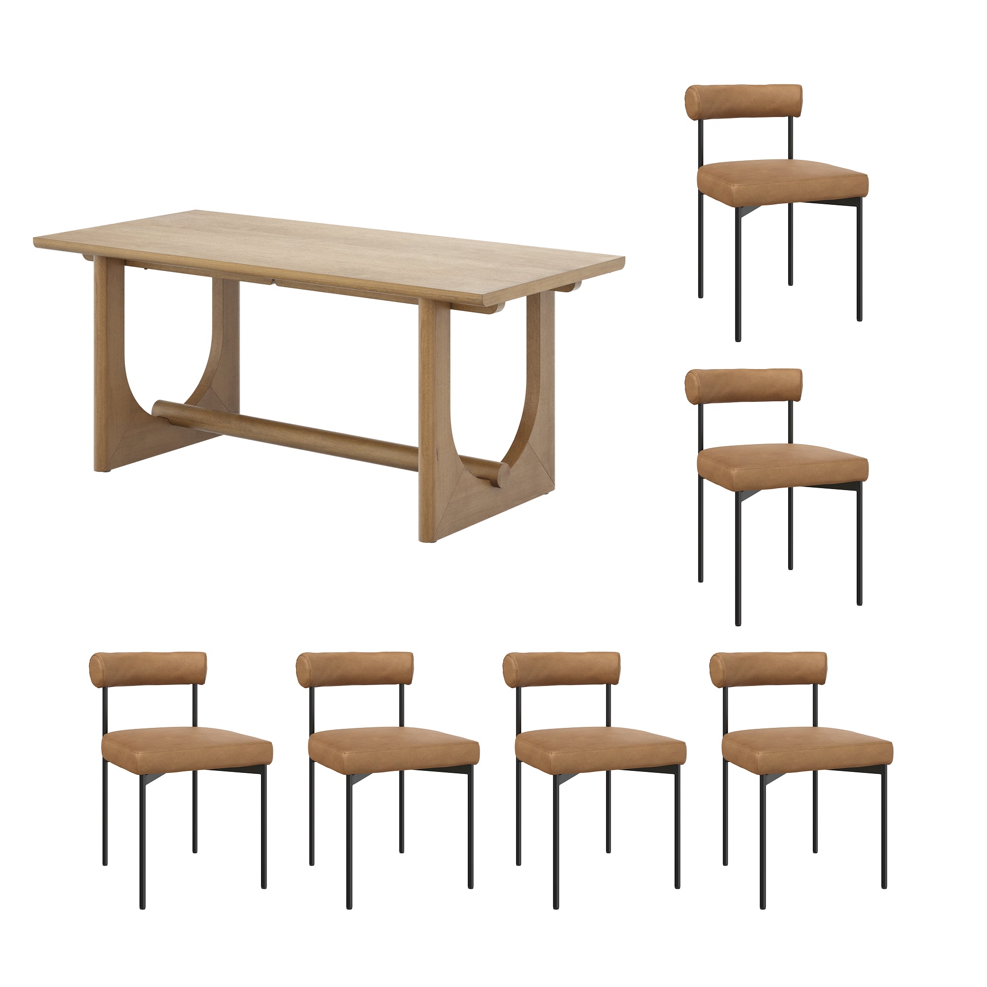 A light wood rectangular dining table with six matching chairs. The chairs have tan upholstered seats and backs, and thin black metal legs. The set is arranged on a white background.