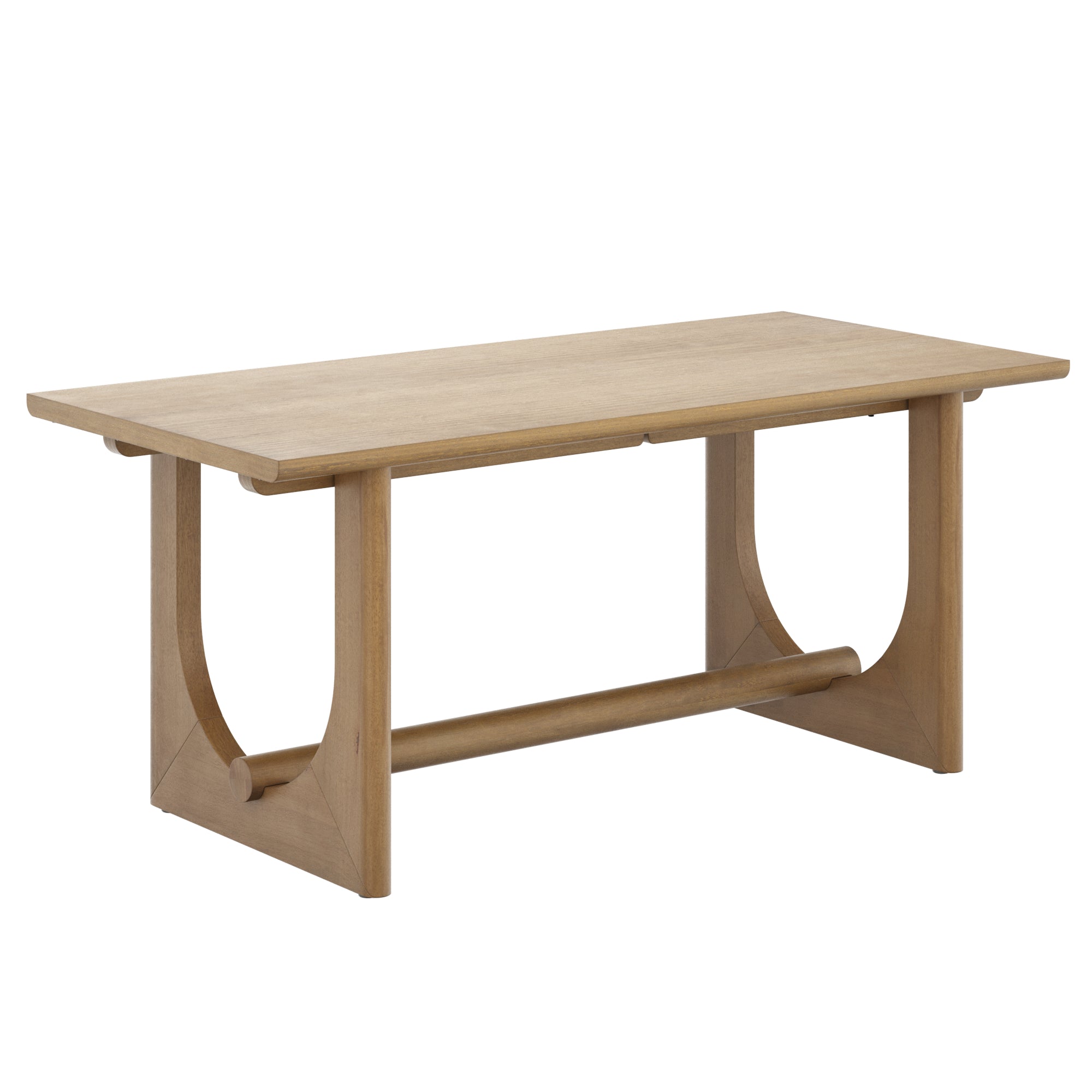 A rectangular wooden table with a light finish, featuring a thick top, sturdy legs forming a U-shape on each end, and a horizontal support beam connecting the legs near the base.