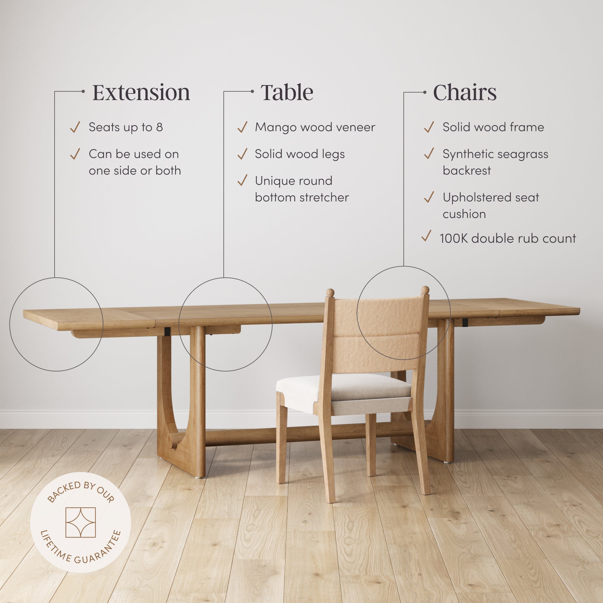 Extendable Mid-Century Seagrass Dining Table Set (4 Chairs) - Nathan James