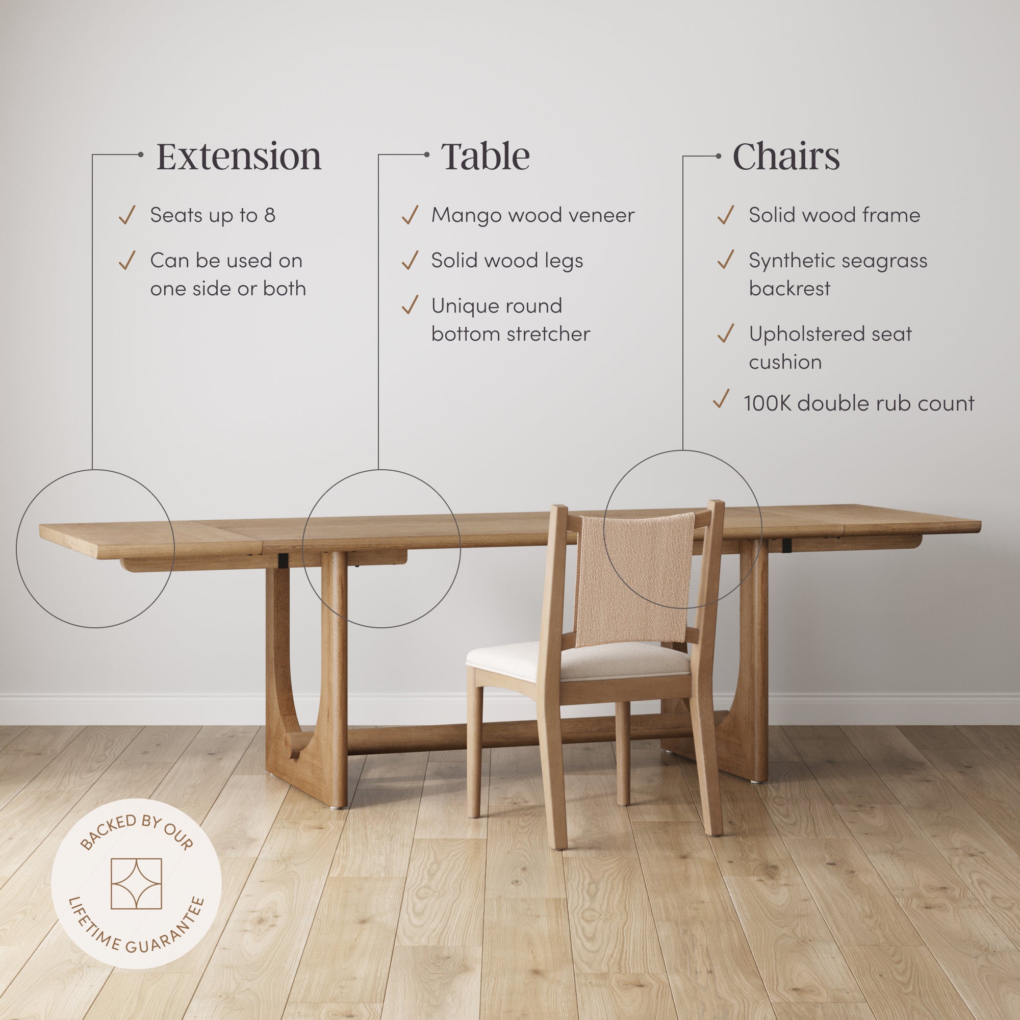 Extendable Mid-Century Seagrass Dining Table Set (4 Chairs) - Nathan James