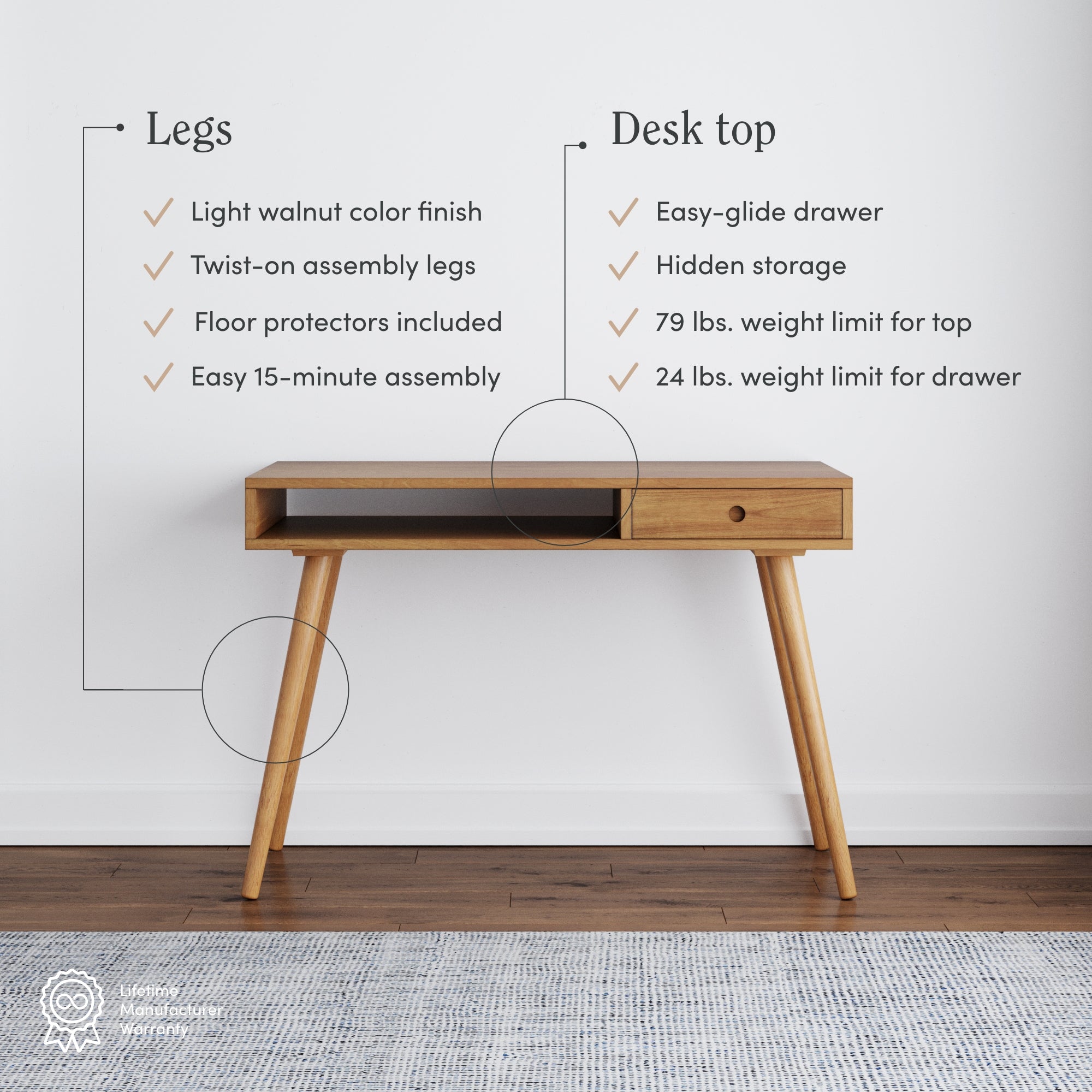 A minimalist wooden desk with one drawer and four angled legs stands against a white wall. Text highlights features: light walnut color, easy assembly, easy-glide drawer, hidden storage, and weight limits for top and drawer.