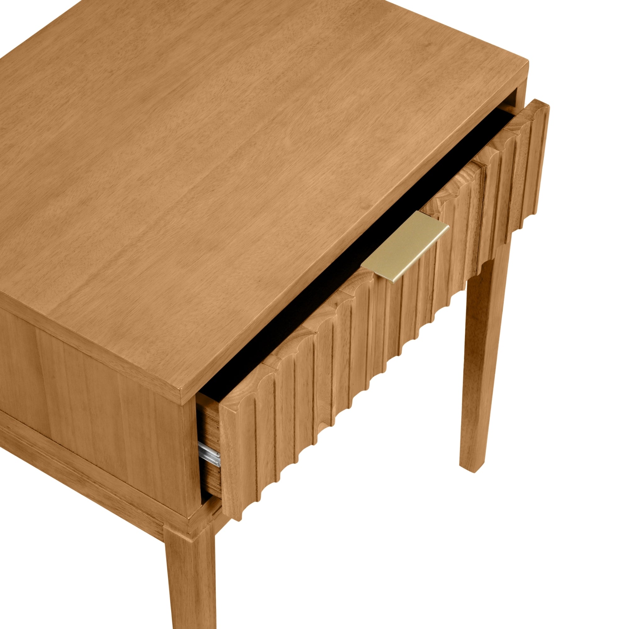 A wooden table with a single, partially open drawer featuring a gold rectangular handle and a textured front panel. The table has simple, straight legs and a smooth surface.