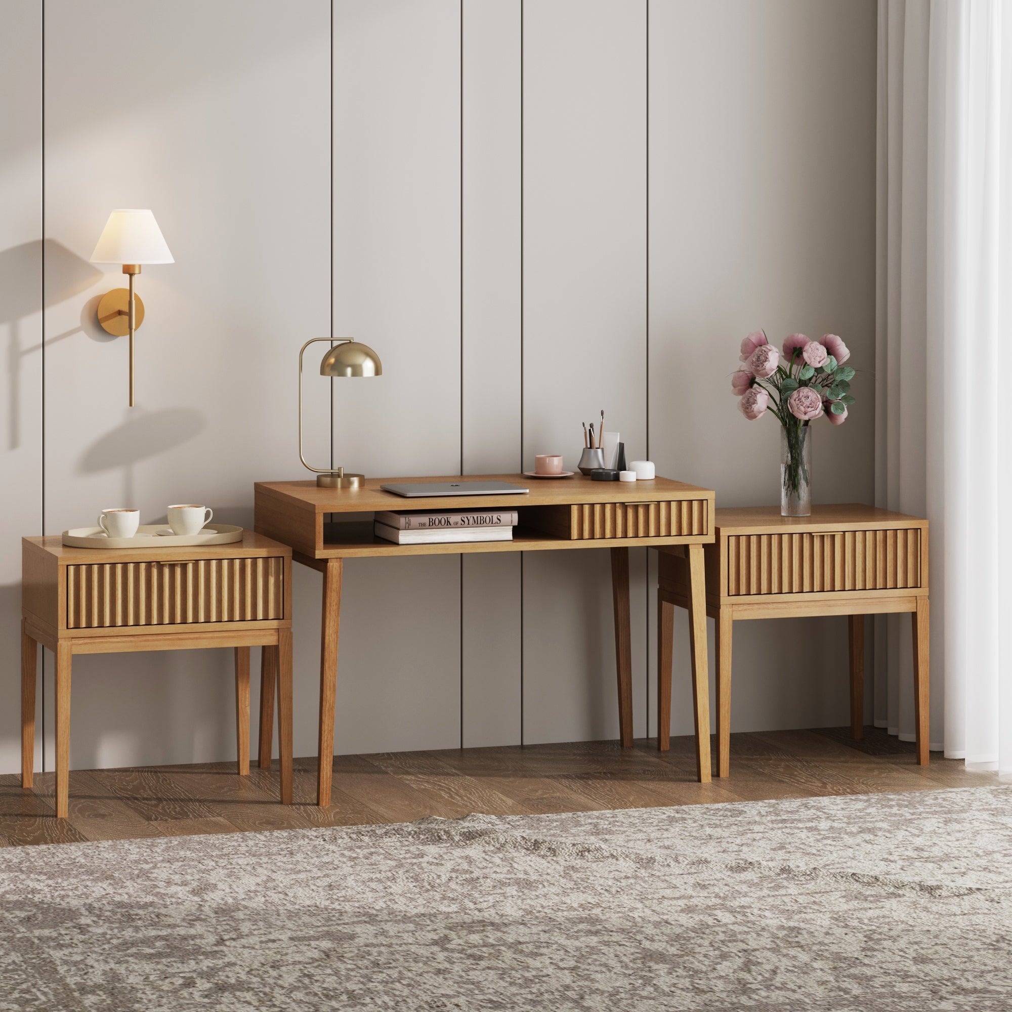 Solid Wood Fluted Desk & 2 Nightstands Bedroom Vanity Set - Nathan James