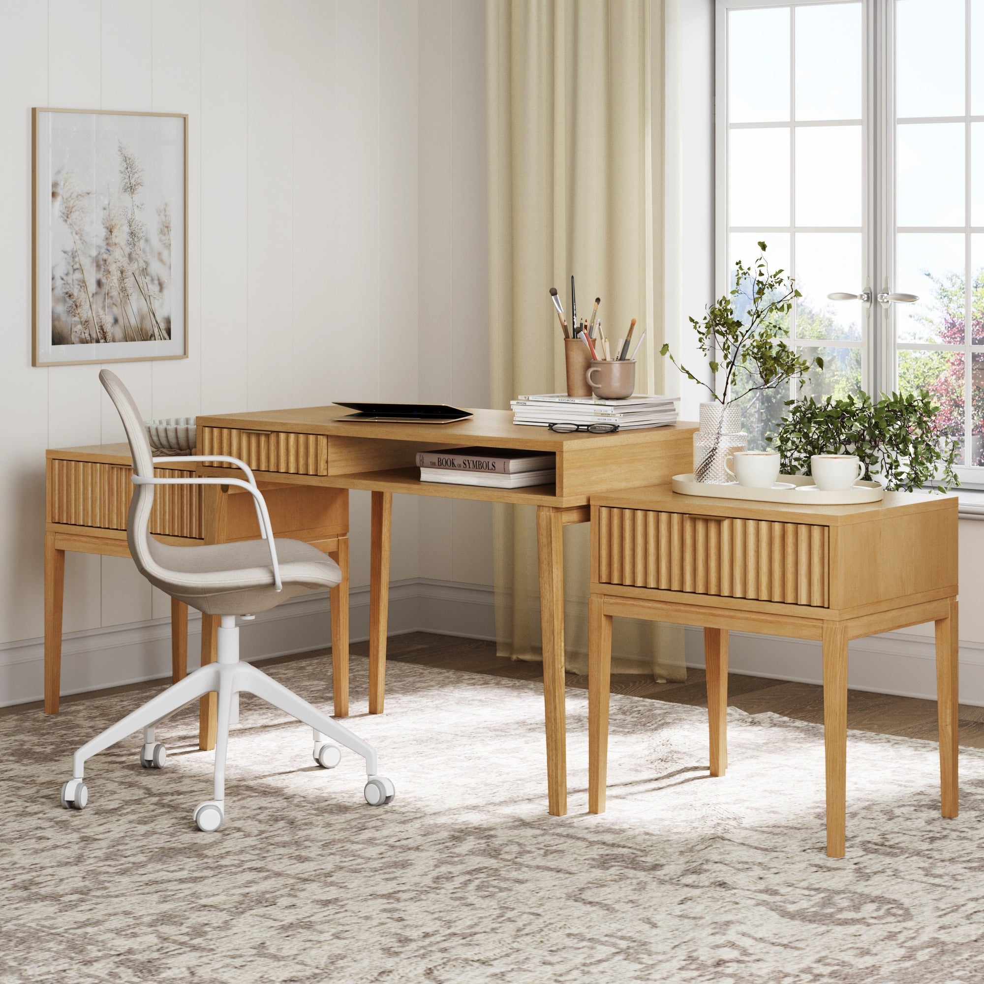 Solid Wood Fluted Desk & 2 Nightstands Bedroom Vanity Set - Nathan James