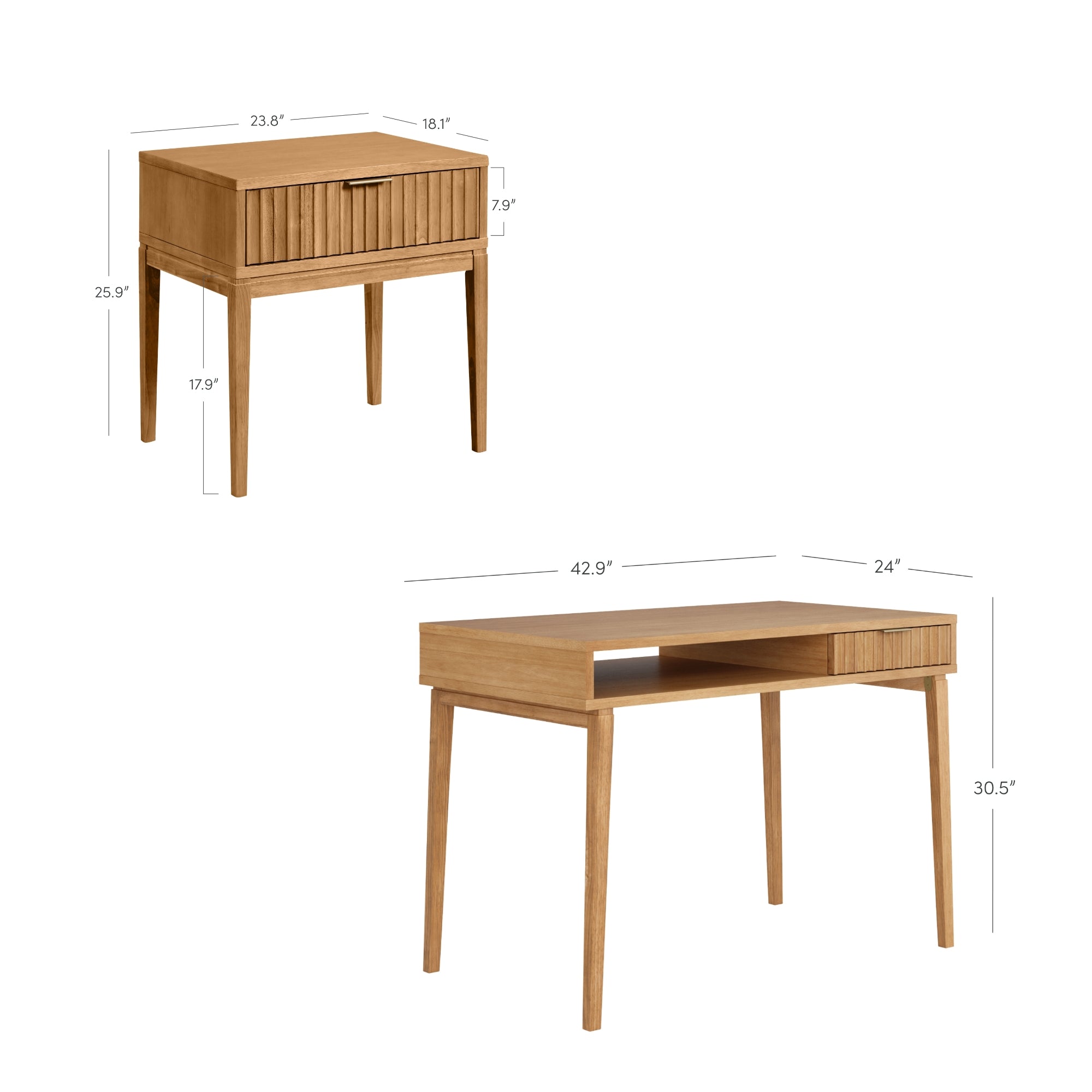 Two wooden desks with measurements. The first is a compact side table with a drawer, measuring 23.8 W x 18.1 D x 25.9 H. The second is a larger desk, 42.9 W x 24 D x 30.5 H, with open and closed storage.