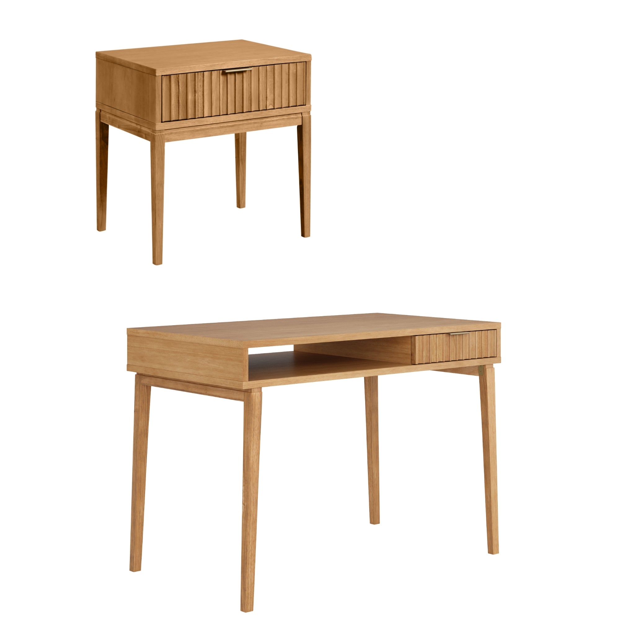 A matching wooden desk and nightstand, both with tapered legs and a light wood finish. The desk has an open shelf and a drawer, while the nightstand has a single drawer with a vertical groove design.