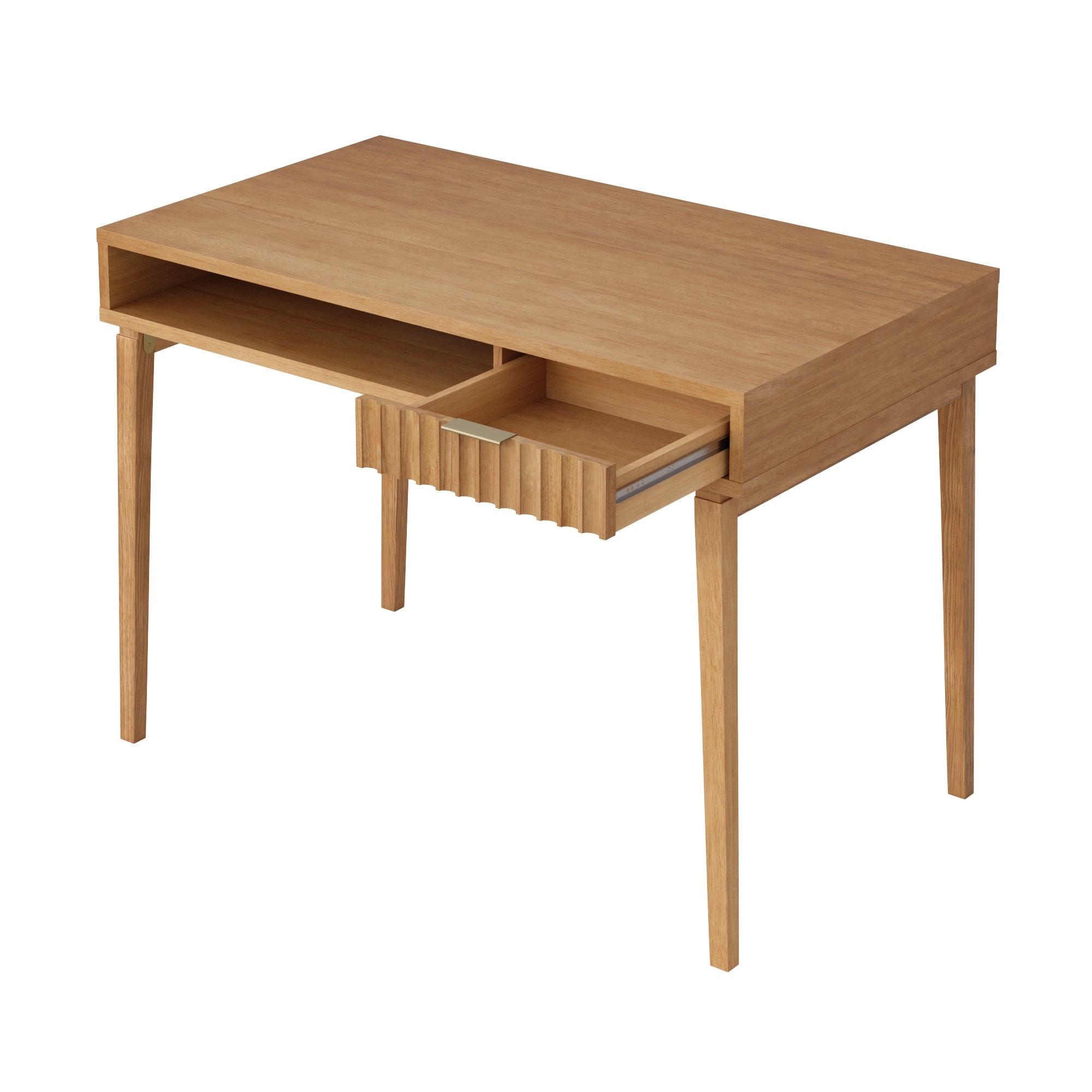 A wooden desk with four legs, an open storage shelf under the tabletop, and a single drawer partially pulled out, showing a modern, minimalist design.