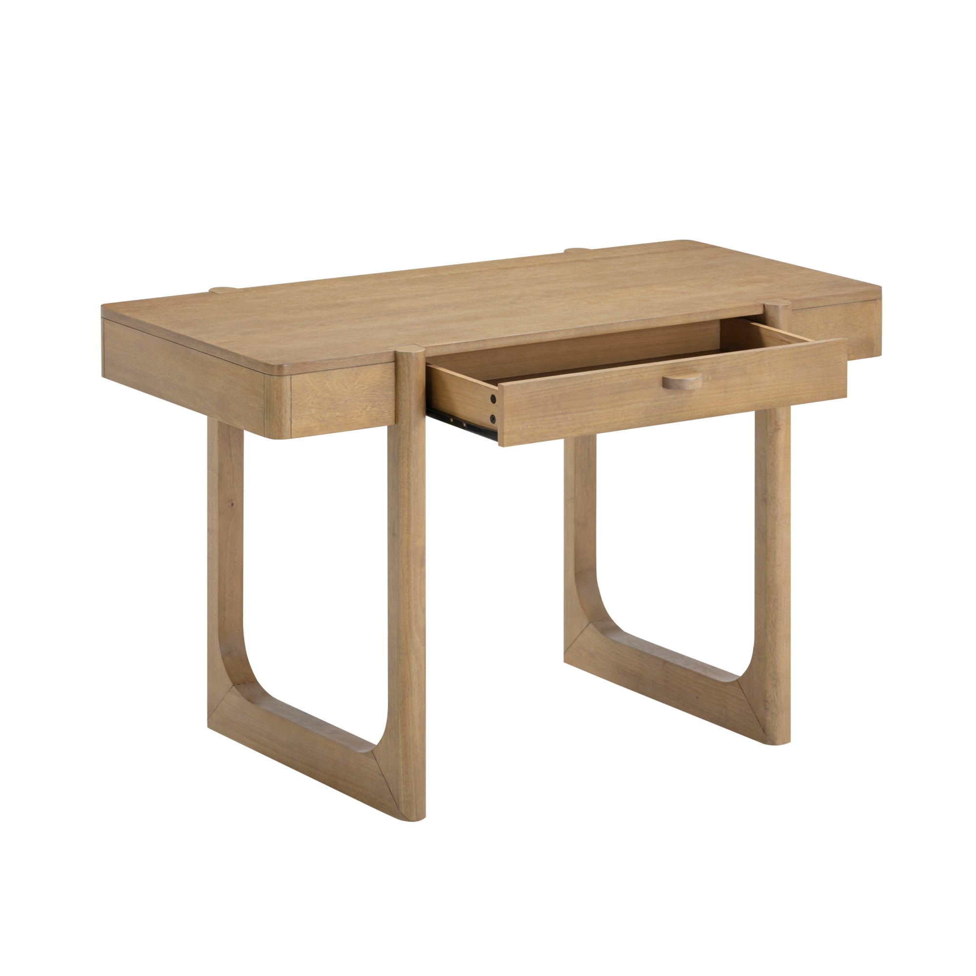A modern wooden desk with a rectangular top, curved legs, and a single front drawer partially open, photographed against a white background.