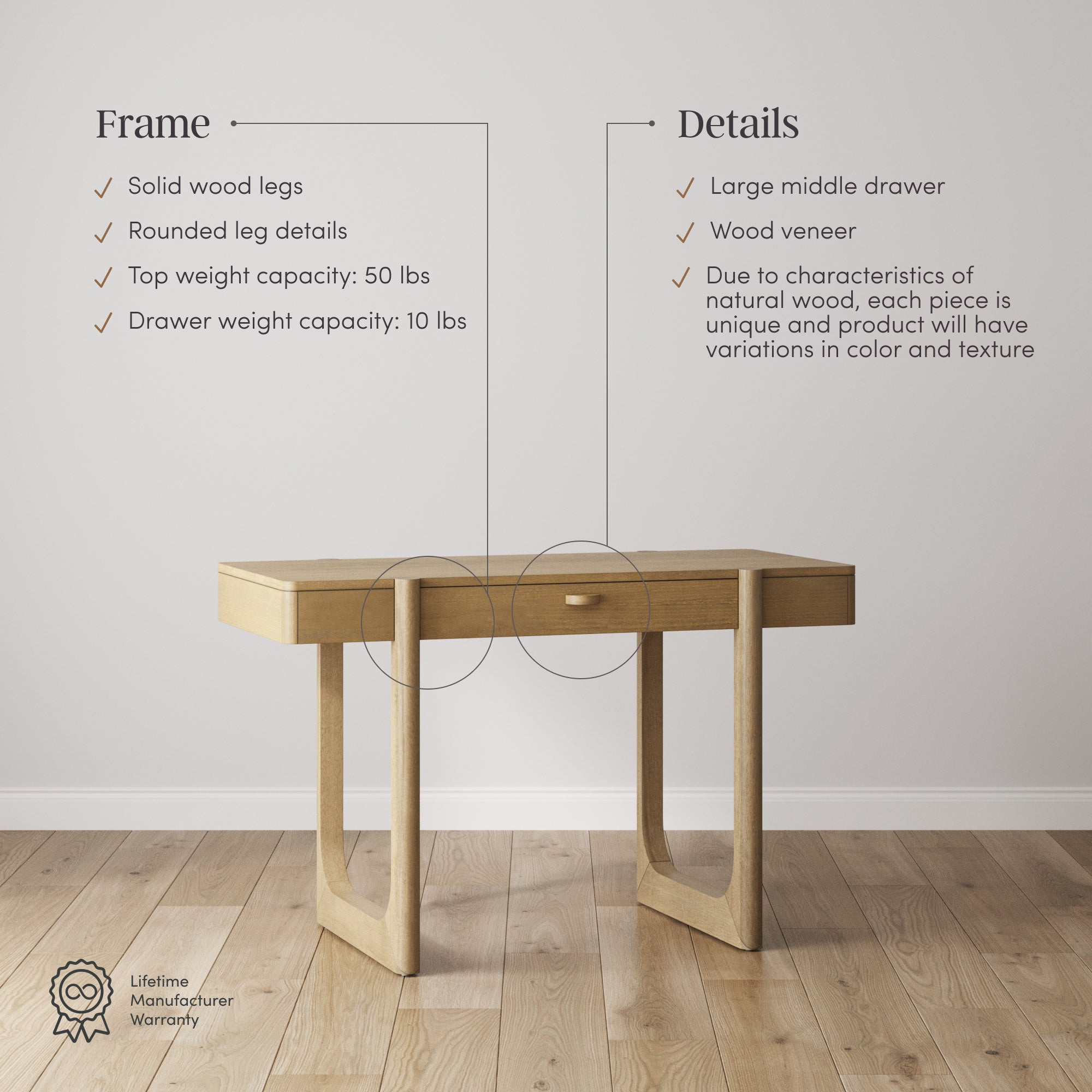 A modern wooden desk with a single center drawer is placed against a plain wall. Text details its solid wood legs, veneered surfaces, weight capacities, and natural wood variations. A warranty icon is at the bottom left.