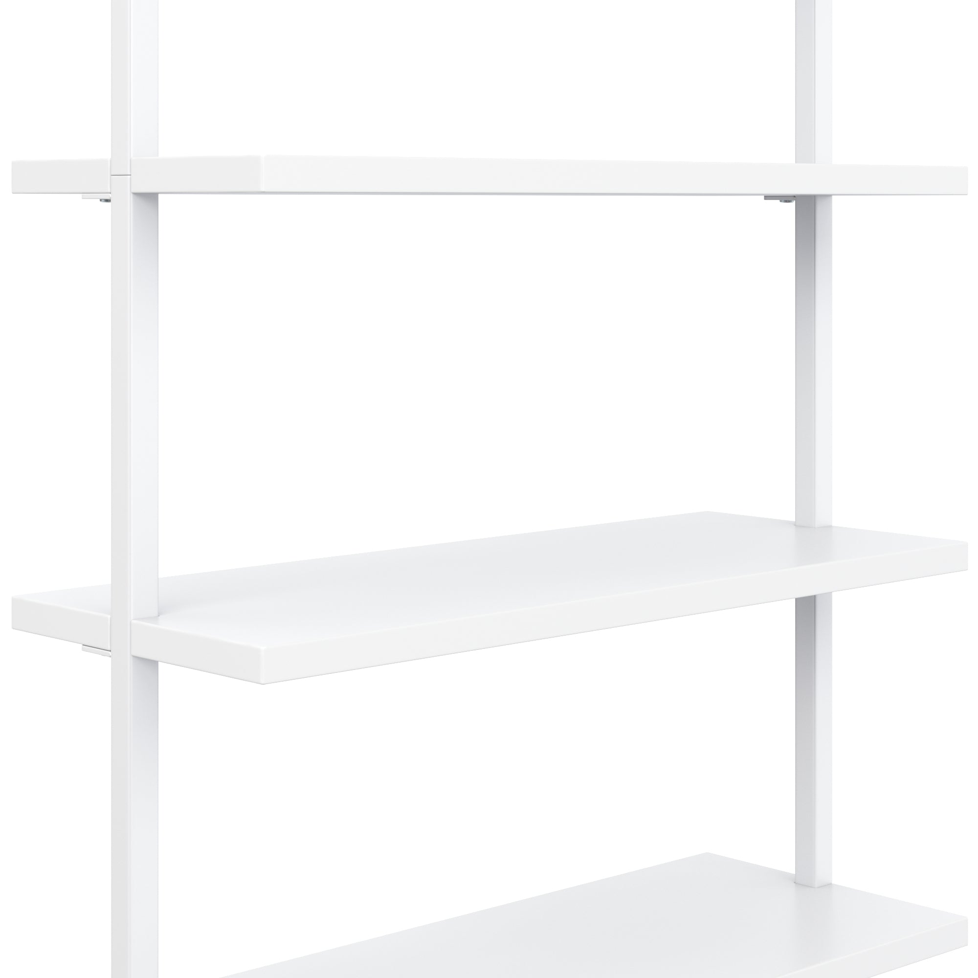 A close-up view of a modern, white, three-tiered shelf unit with clean lines and a minimalist design, set against a plain white background.