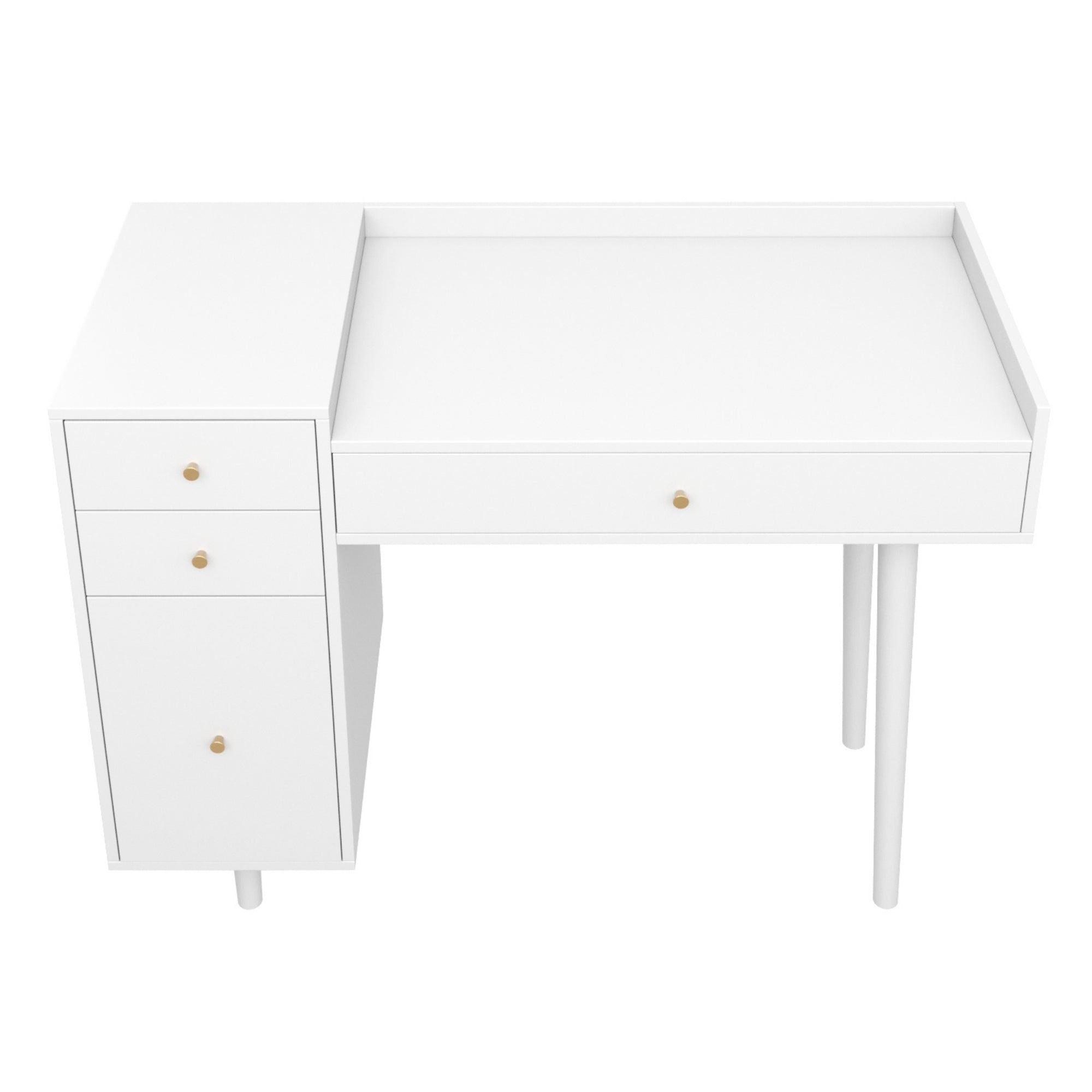 A modern white desk with three small drawers on the left side and a large drawer in the center, featuring slim legs and minimalist gold-colored knobs.