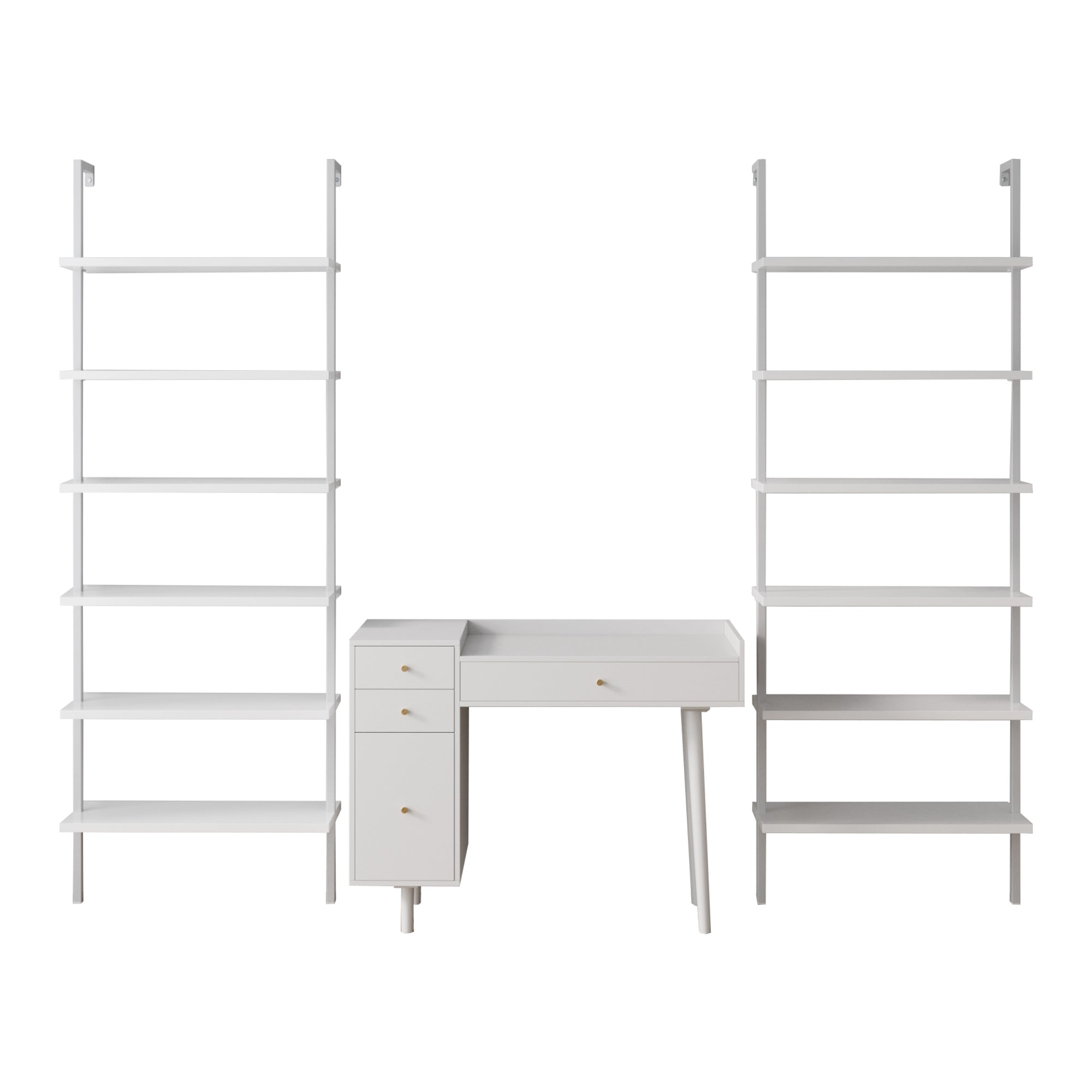 A modern white desk with three drawers, positioned between two tall white shelving units with five open shelves each, all against a plain white background.