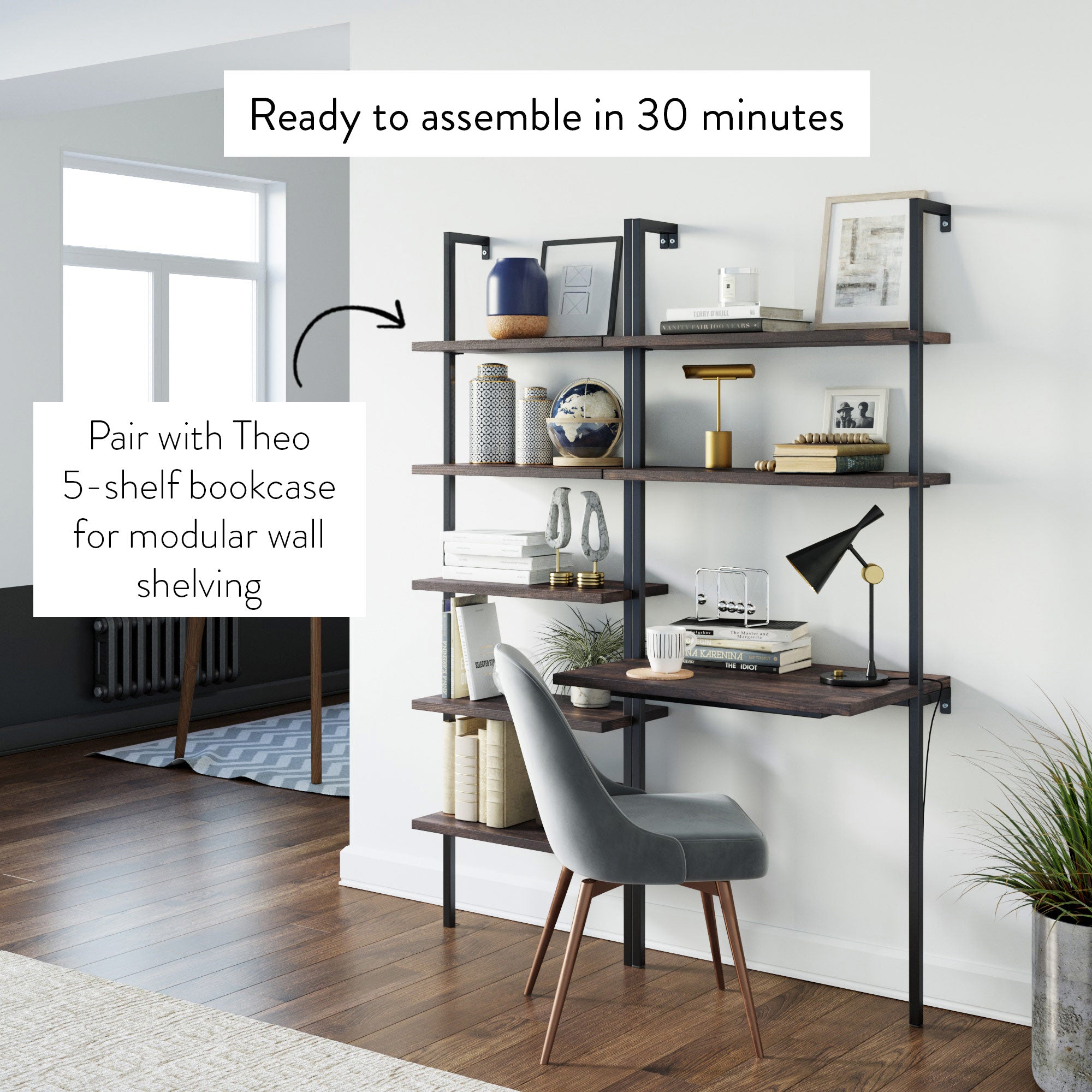 A modern modular wall-mounted bookshelf with dark wooden shelves and black metal supports is styled with books, decor, and a desk setup. Text reads, Ready to assemble in 30 minutes and suggests pairing with a 5-shelf bookcase.