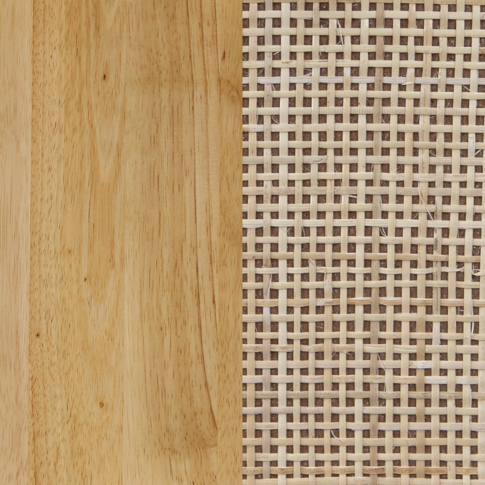 A split image showing natural wood on the left and a woven rattan cane pattern on the right, both in light brown tones.