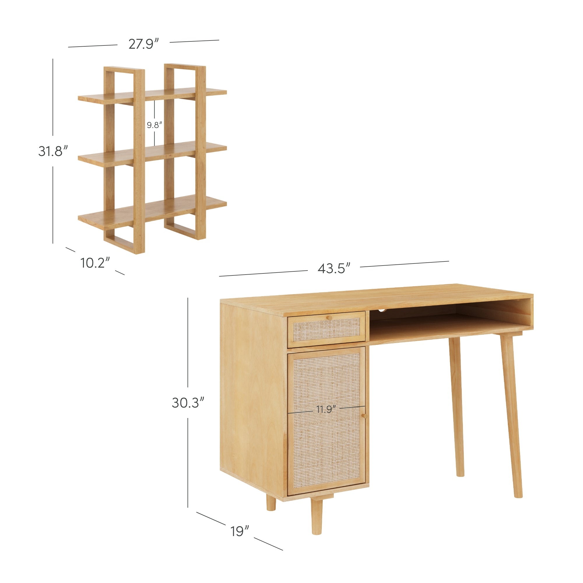 A light wood desk with cane paneling and open shelf, shown with dimensions: 43.5W x 19D x 30.3H. Above is a matching 4-tier wall shelf, measuring 27.9W x 10.2D x 31.8H. Each shelf height is 9.8.