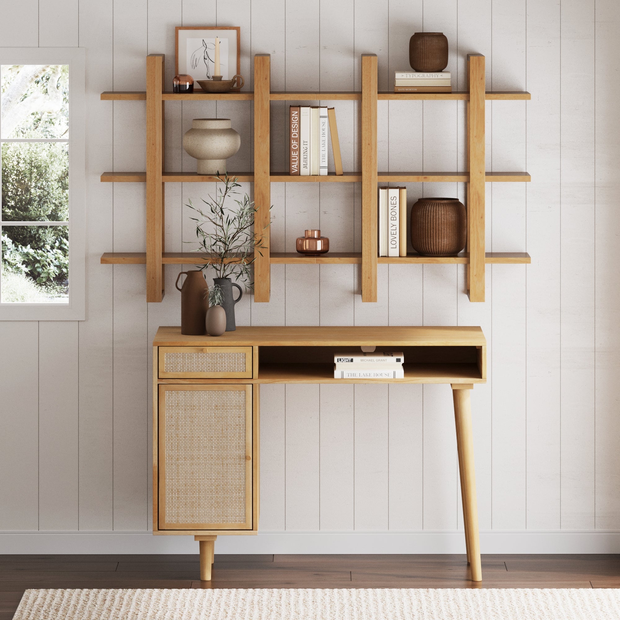 Solid Wood & Rattan Desk and Bookshelf Wall Unit - Nathan James