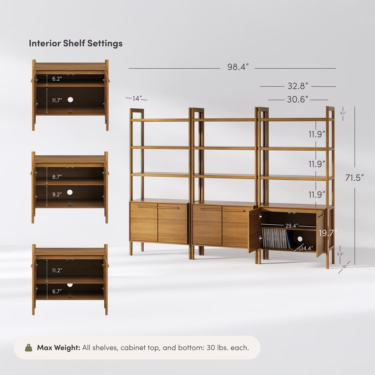 Modern Sculpted Wood Bookshelf with Cabinet Acacia (Set of 3) - Nathan James