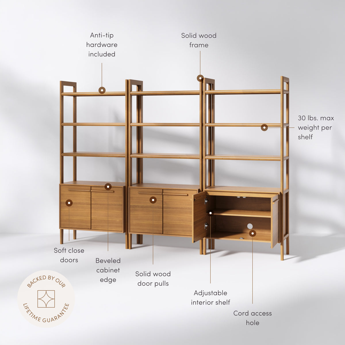 Modern Sculpted Wood Bookshelf with Cabinet Acacia (Set of 3) - Nathan James