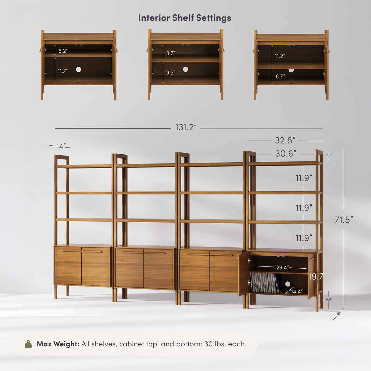 Modern Sculpted Wood Bookshelf with Cabinet Acacia (Set of 4) - Nathan James