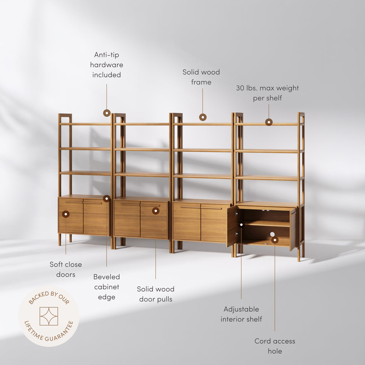 Modern Sculpted Wood Bookshelf with Cabinet Acacia (Set of 4) - Nathan James