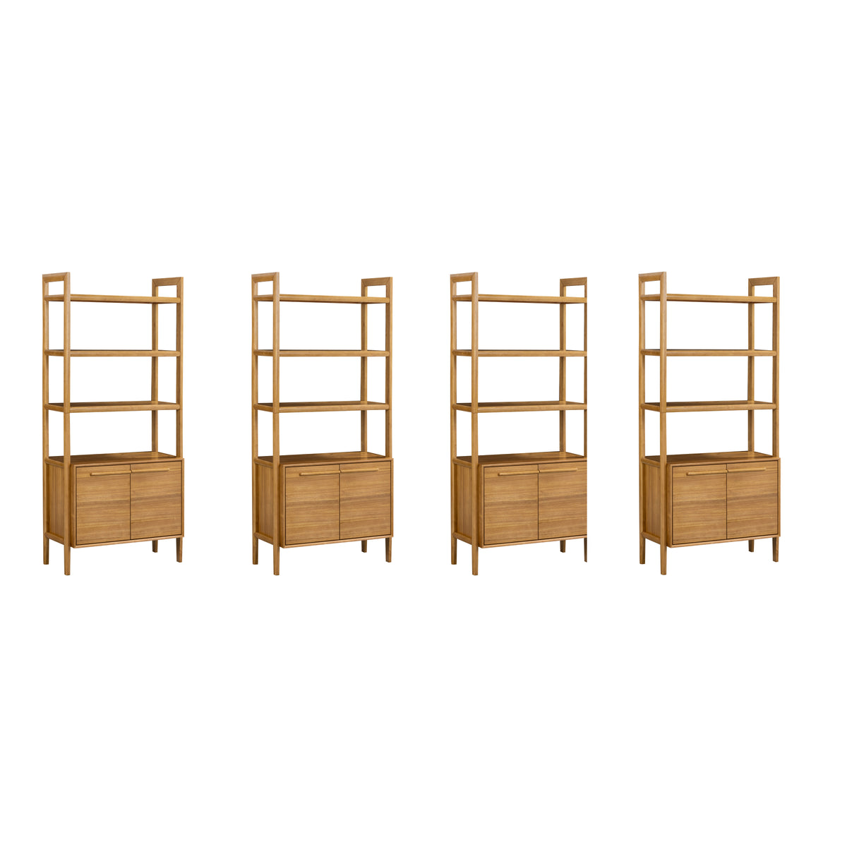 Four Nathan James Modern Sculpted Wood Bookshelf with Cabinet Acacia units, each featuring three open shelves above a two-door storage cabinet.