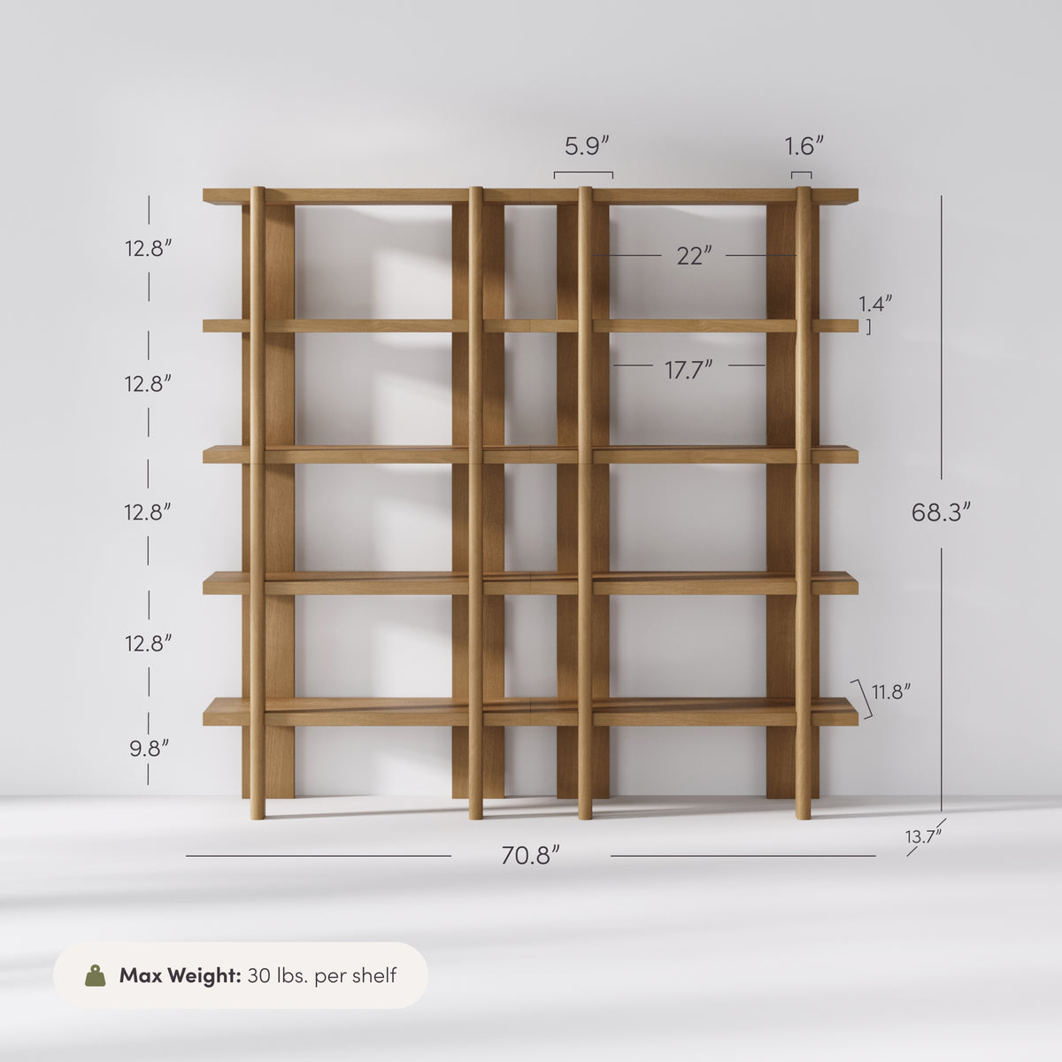 Modern Rounded Wood 5-Shelf Bookshelf Light Brown (Set of 2) - Nathan James