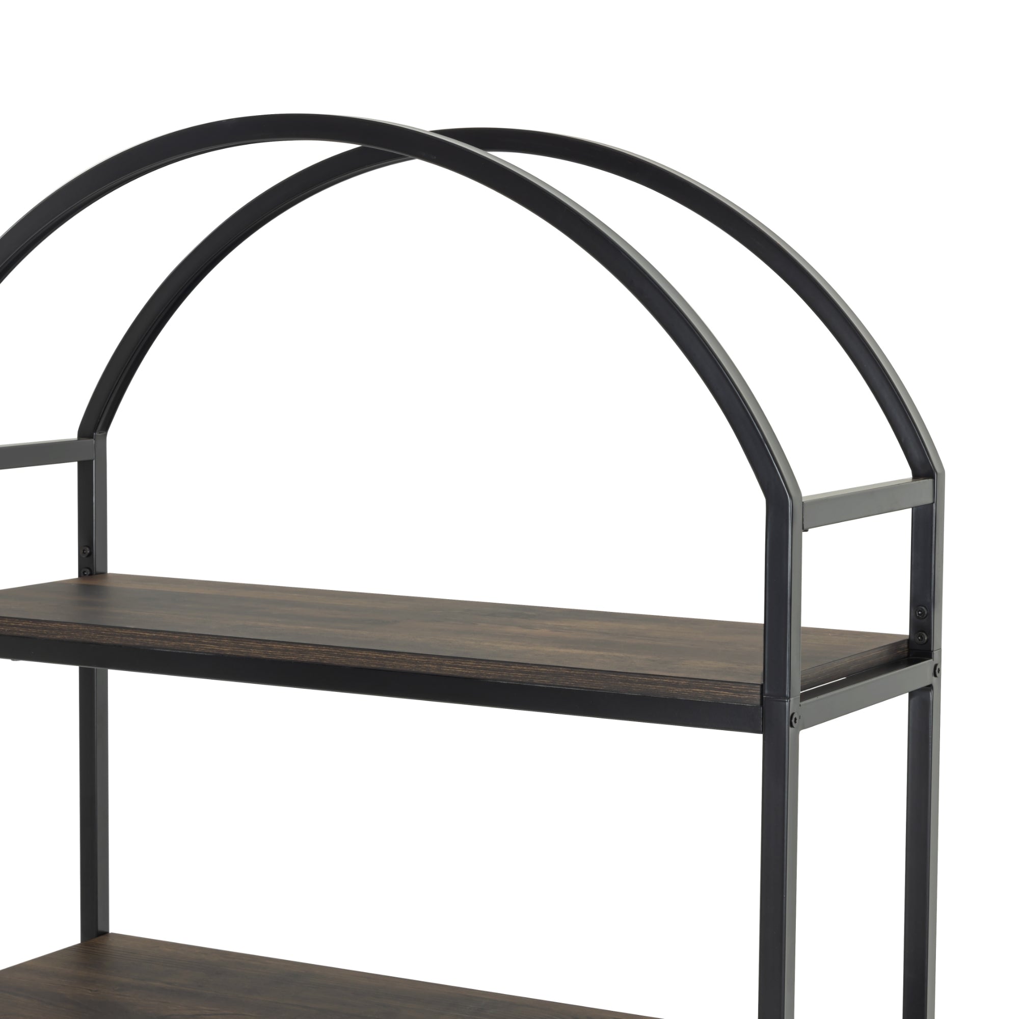 A close-up of a shelving unit with dark wooden shelves and a black metal frame, featuring two arched metal bars forming a decorative arch above the top shelf.