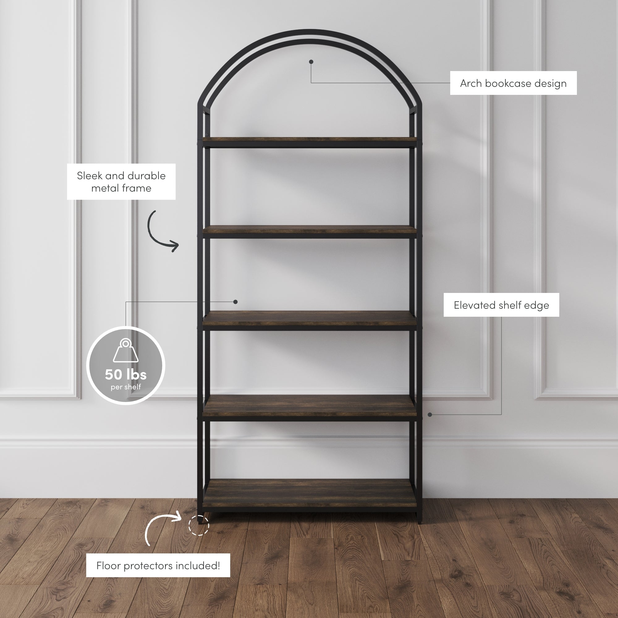 A tall, arched metal bookcase with five wooden shelves stands on a hardwood floor against a white wall. Labels highlight its design features, weight capacity, elevated shelf edges, and included floor protectors.