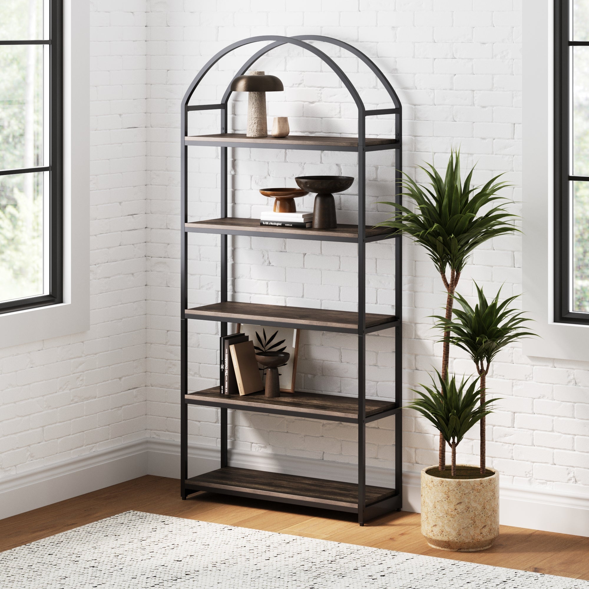Wood & Metal 5 - Shelf Arched Bookshelf Black - Nathan James