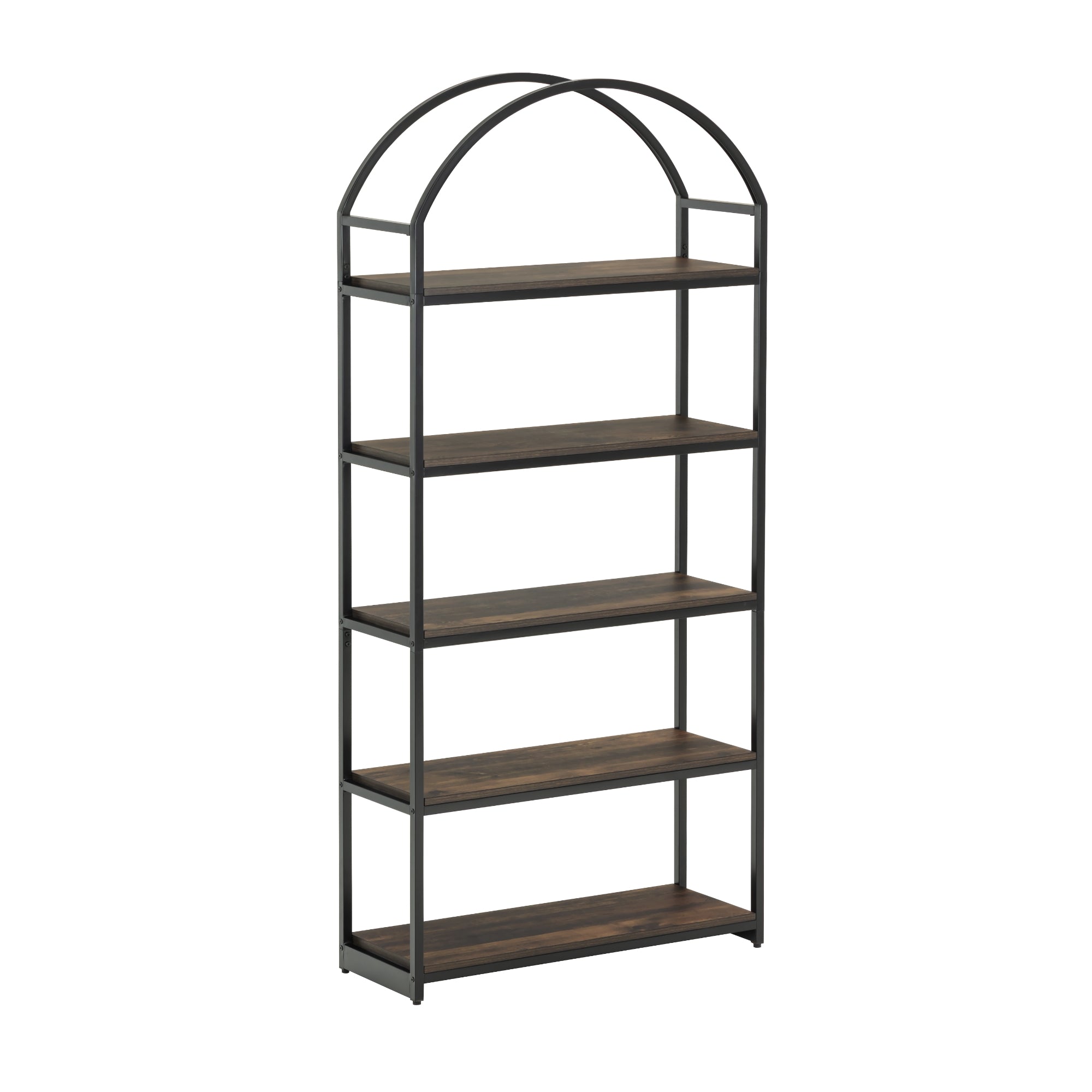 A tall, freestanding shelving unit with five wooden shelves and a black metal frame featuring a decorative arched top. The design is modern and minimalist.