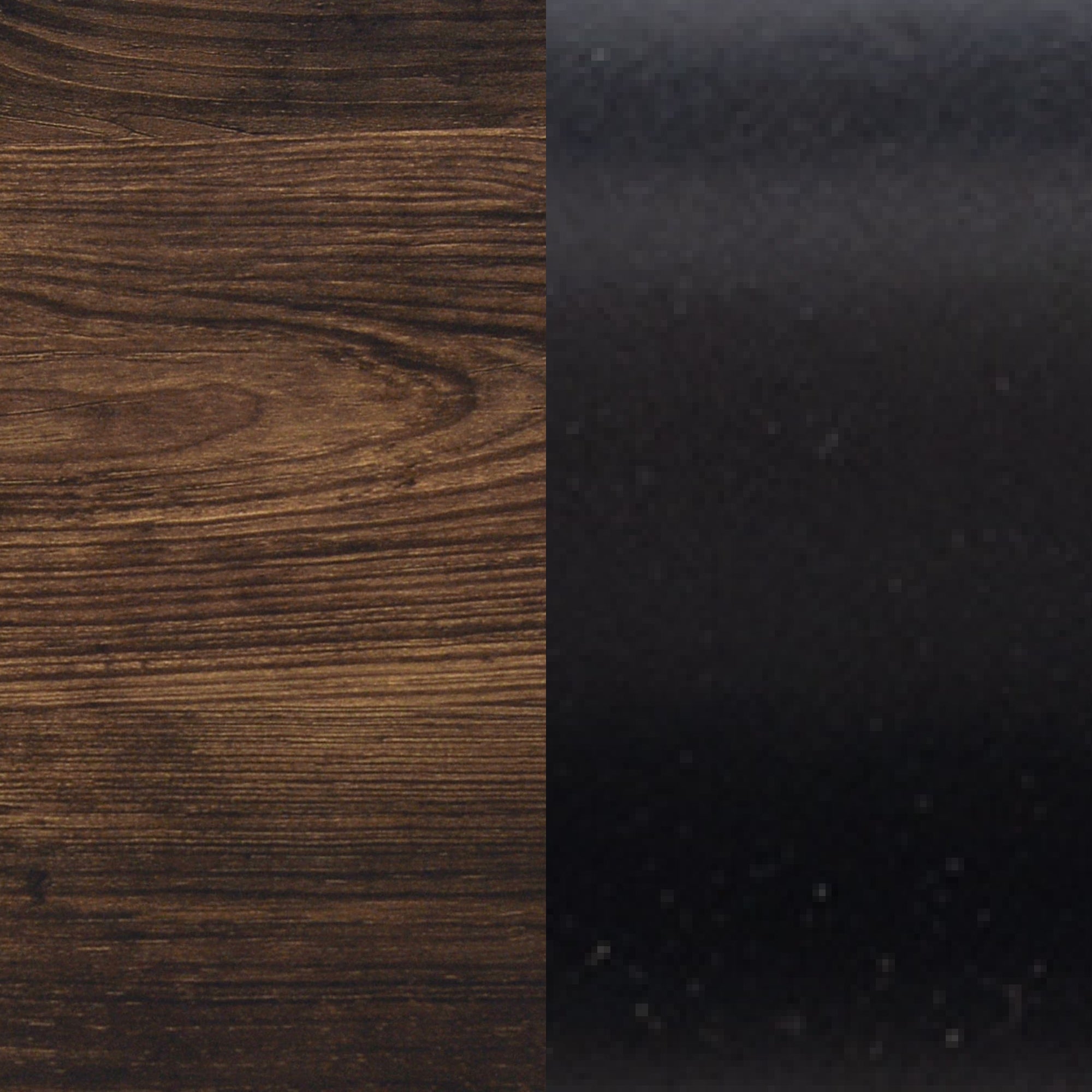 A split image showing a wood grain texture on the left side and a smooth, matte black surface on the right side.