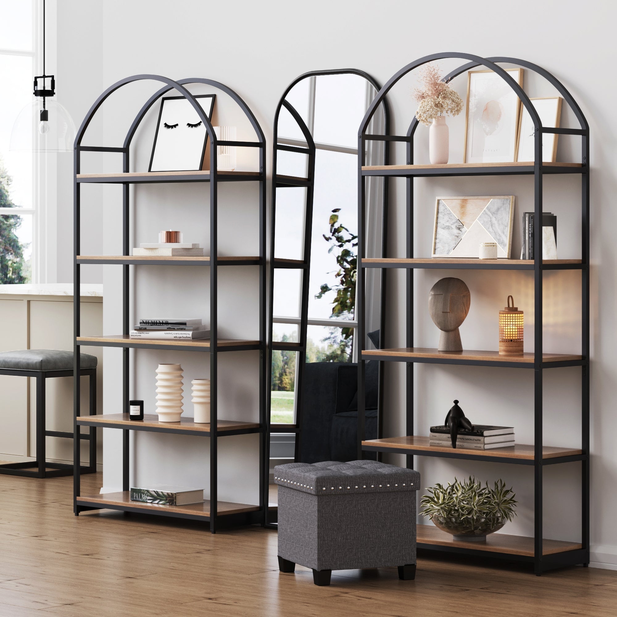 Metal 5 - Shelf Arched Bookshelves Oak (Set of 2) - Nathan James