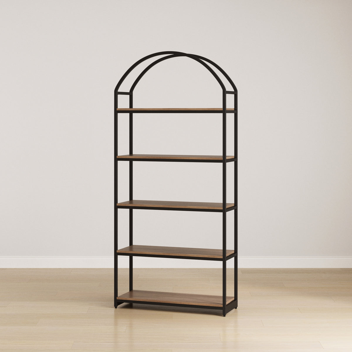 Wood & Metal 5-Shelf Arched Bookshelf Oak - Nathan James