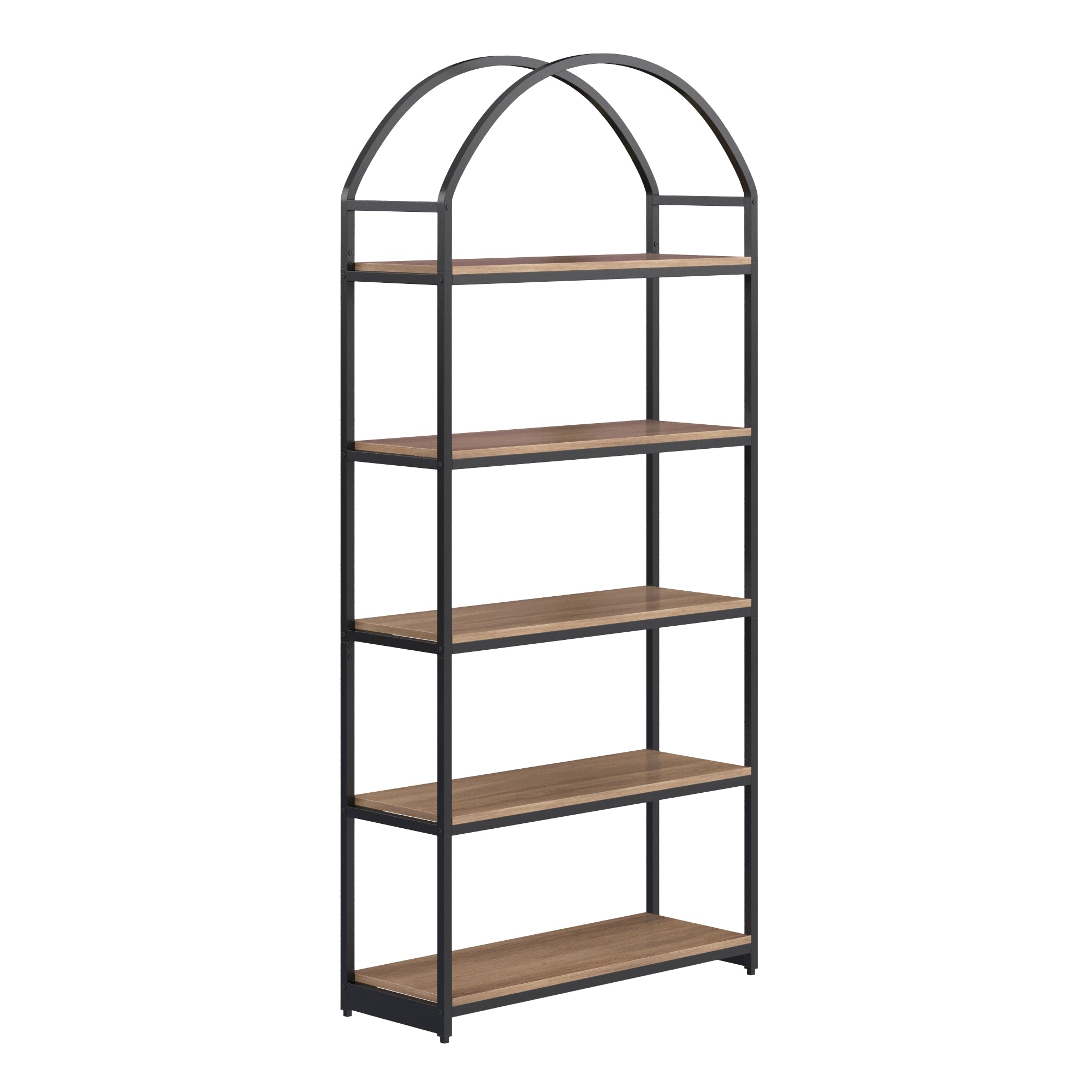 A tall shelving unit with a black metal frame, an arched top, and five wooden shelves arranged vertically. The design is modern and minimalist.
