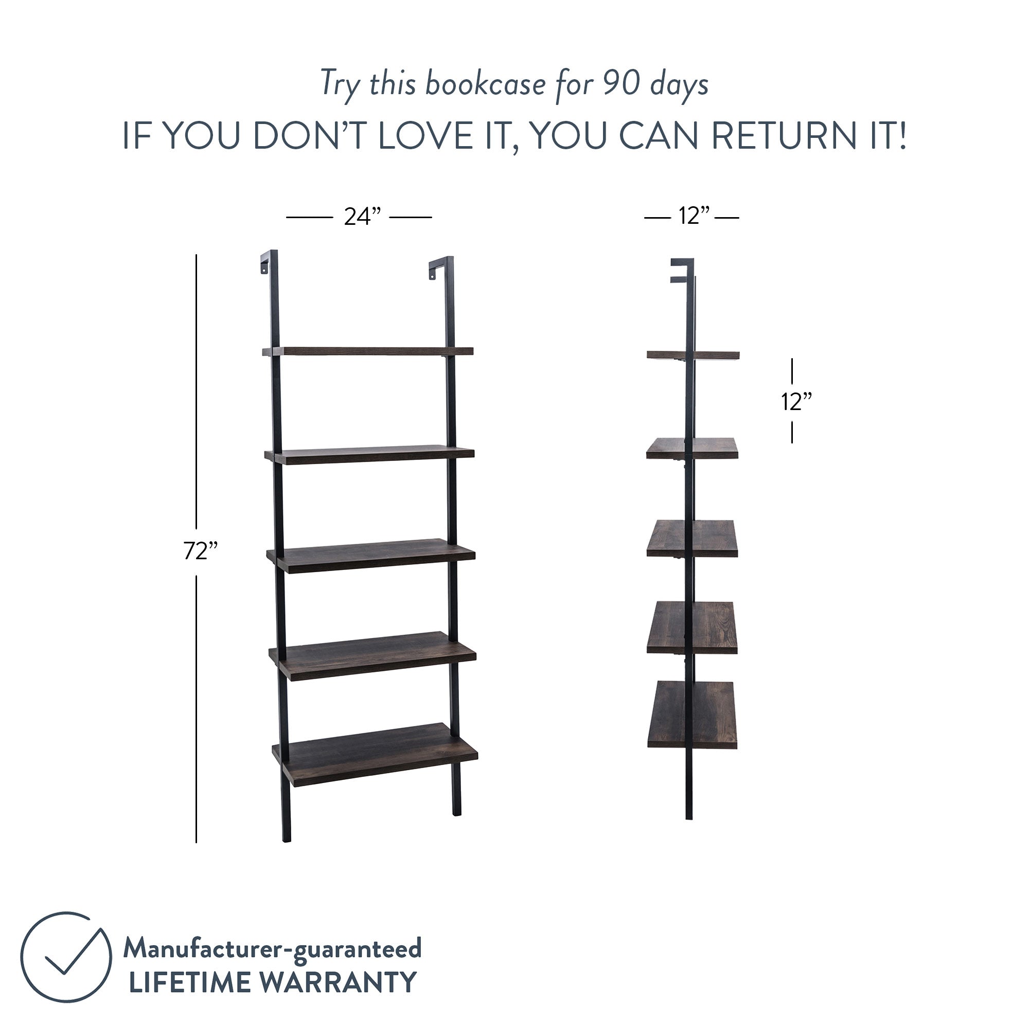 A black metal and dark wood wall-mounted bookcase with four shelves, measuring 72 tall, 24 wide, and 12 deep, shown from the front and side, with a note about a 90-day return policy and lifetime warranty.