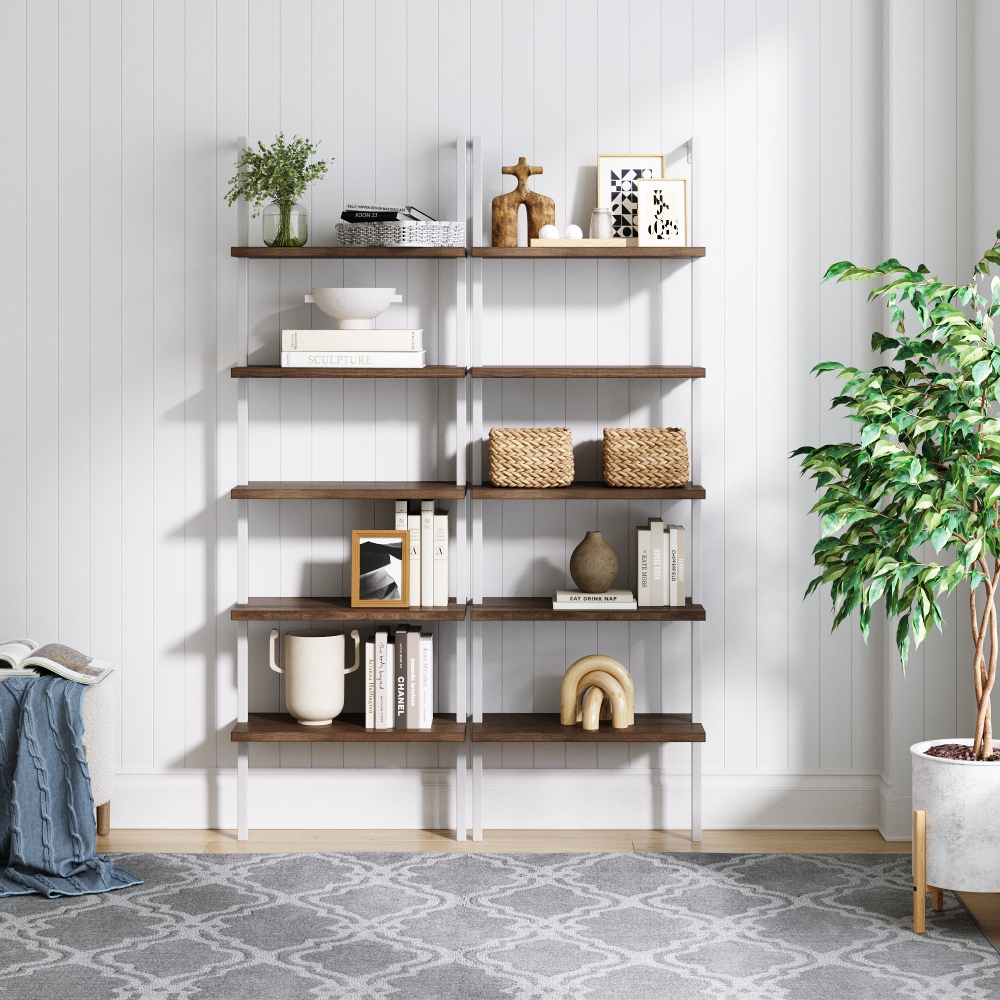 Ladder Bookshelf Oak Matte White Set of 2 - Nathan James