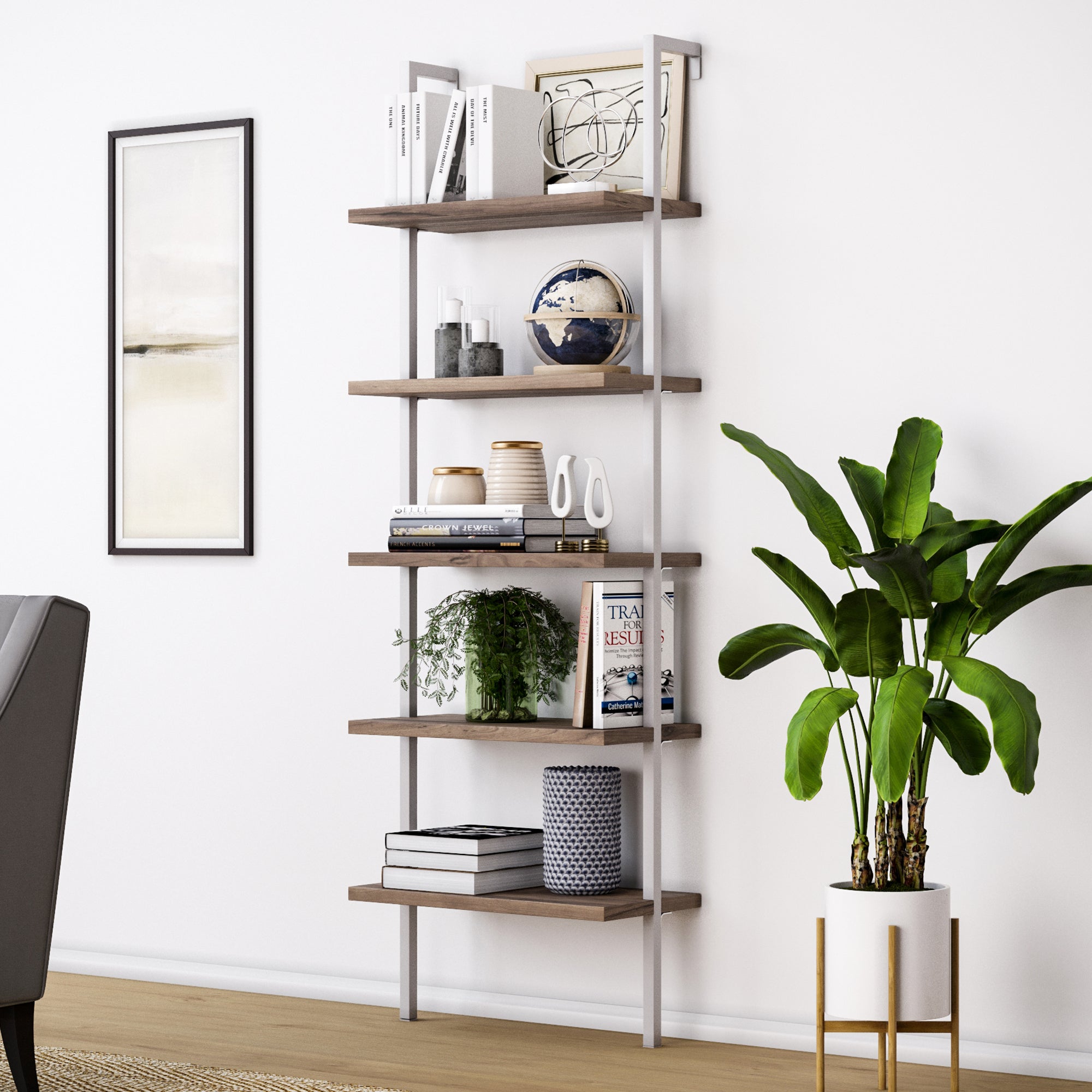 5 - Shelf Ladder Bookshelf Oak Matte White - Nathan James